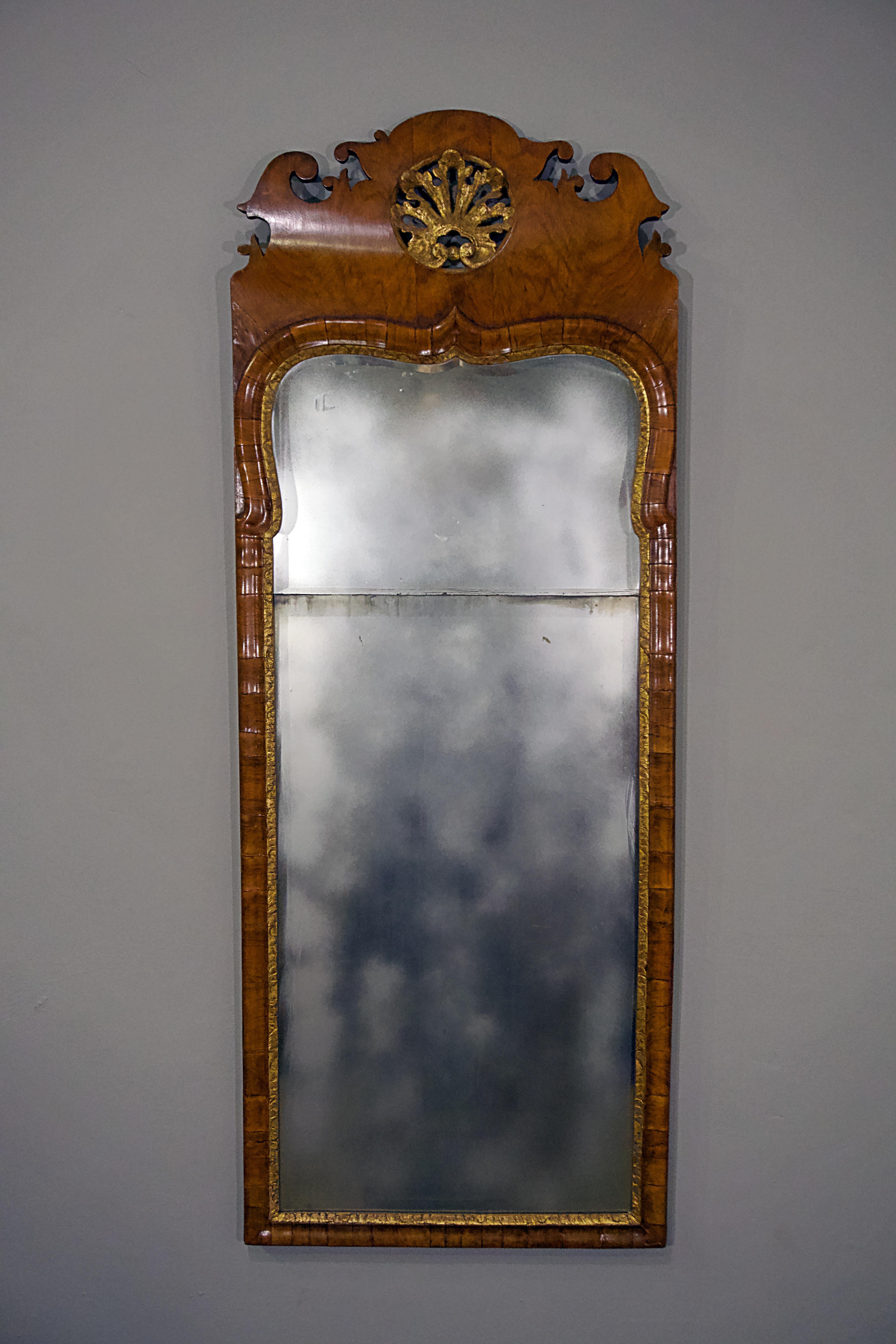 Queen Anne walnut parcel gilt mirror English, circa 1710. Dulling spray added for photo purposes only.