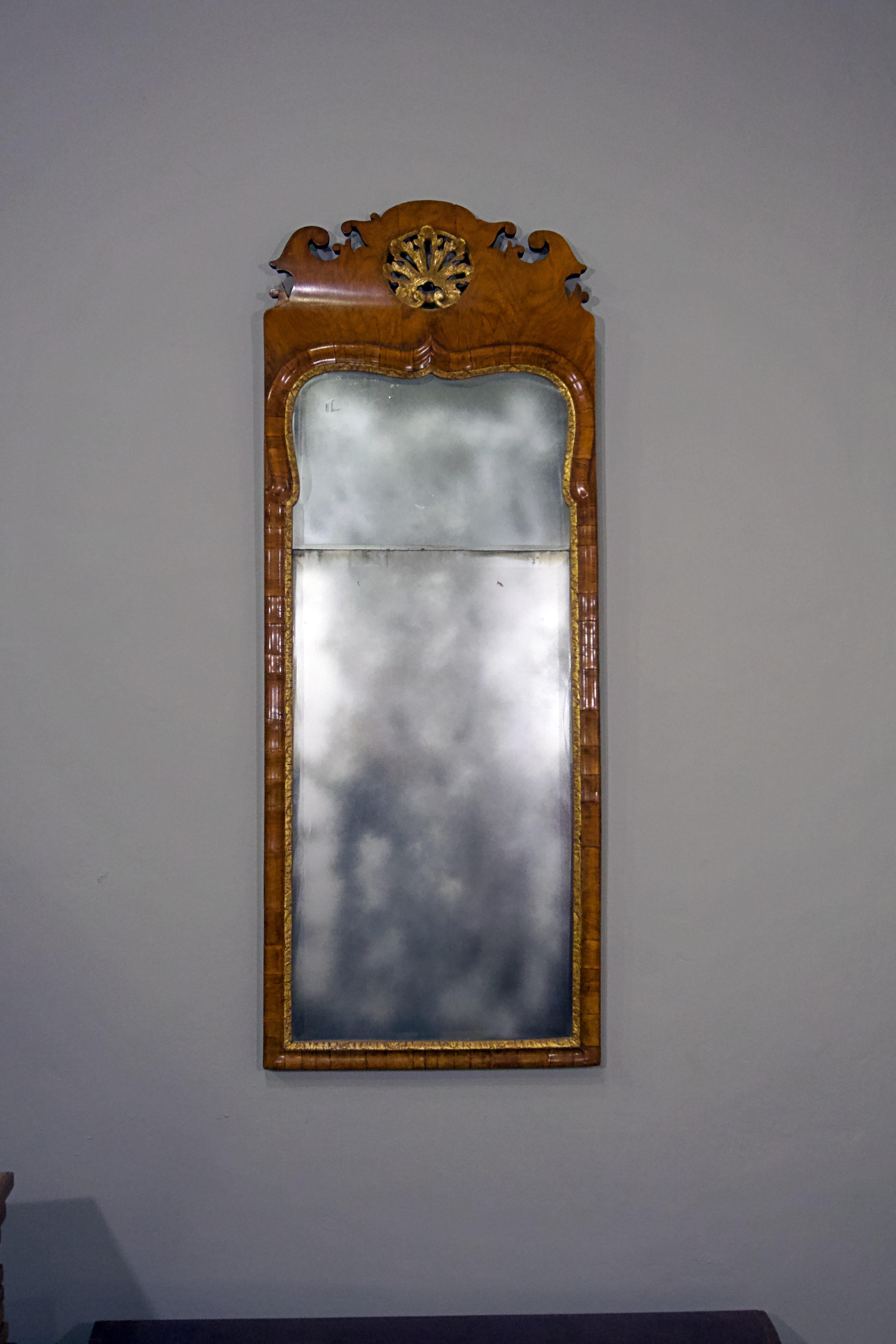 English Queen Anne Walnut Parcel Gilt Mirror