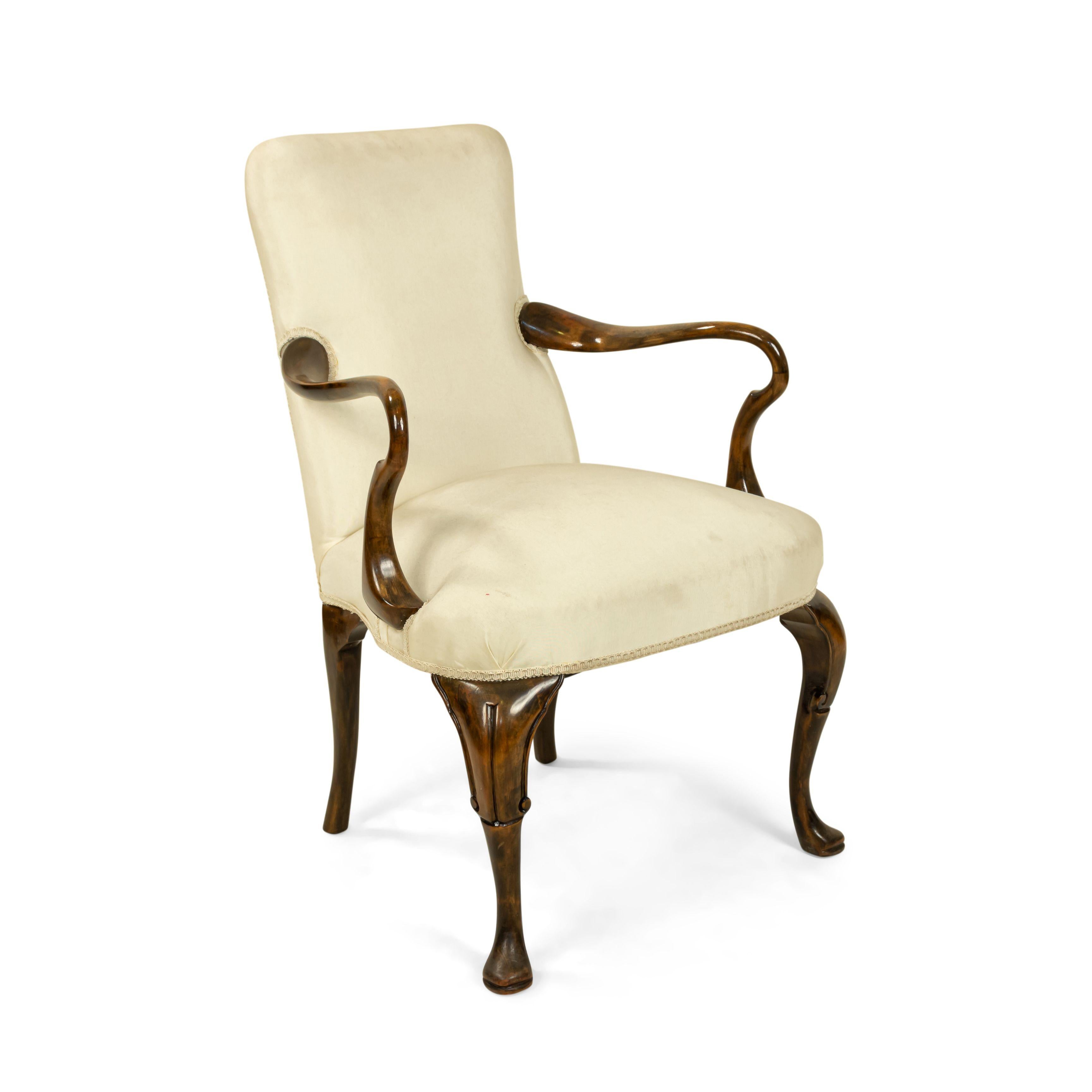 Queen Anne White Upholstered Walnut Arm Chair For Sale 3