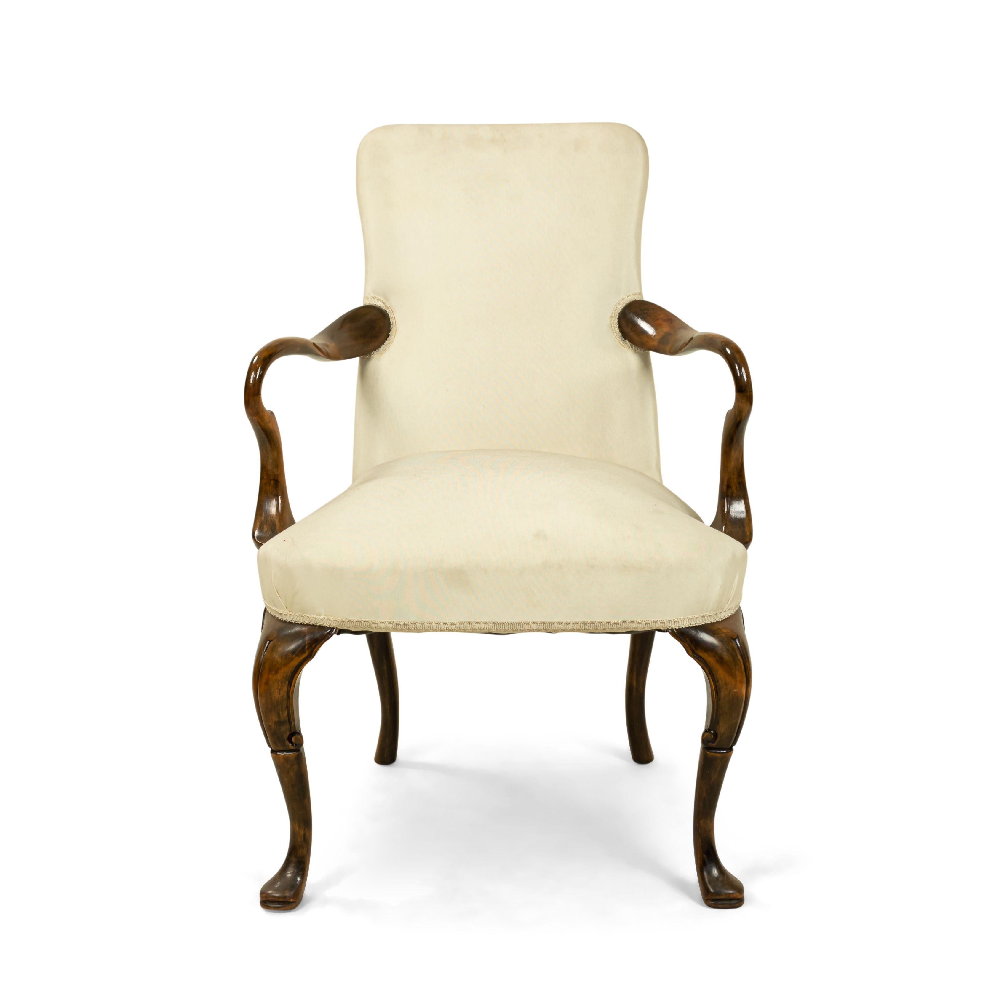 Queen Anne White Upholstered Walnut Arm Chair For Sale 4