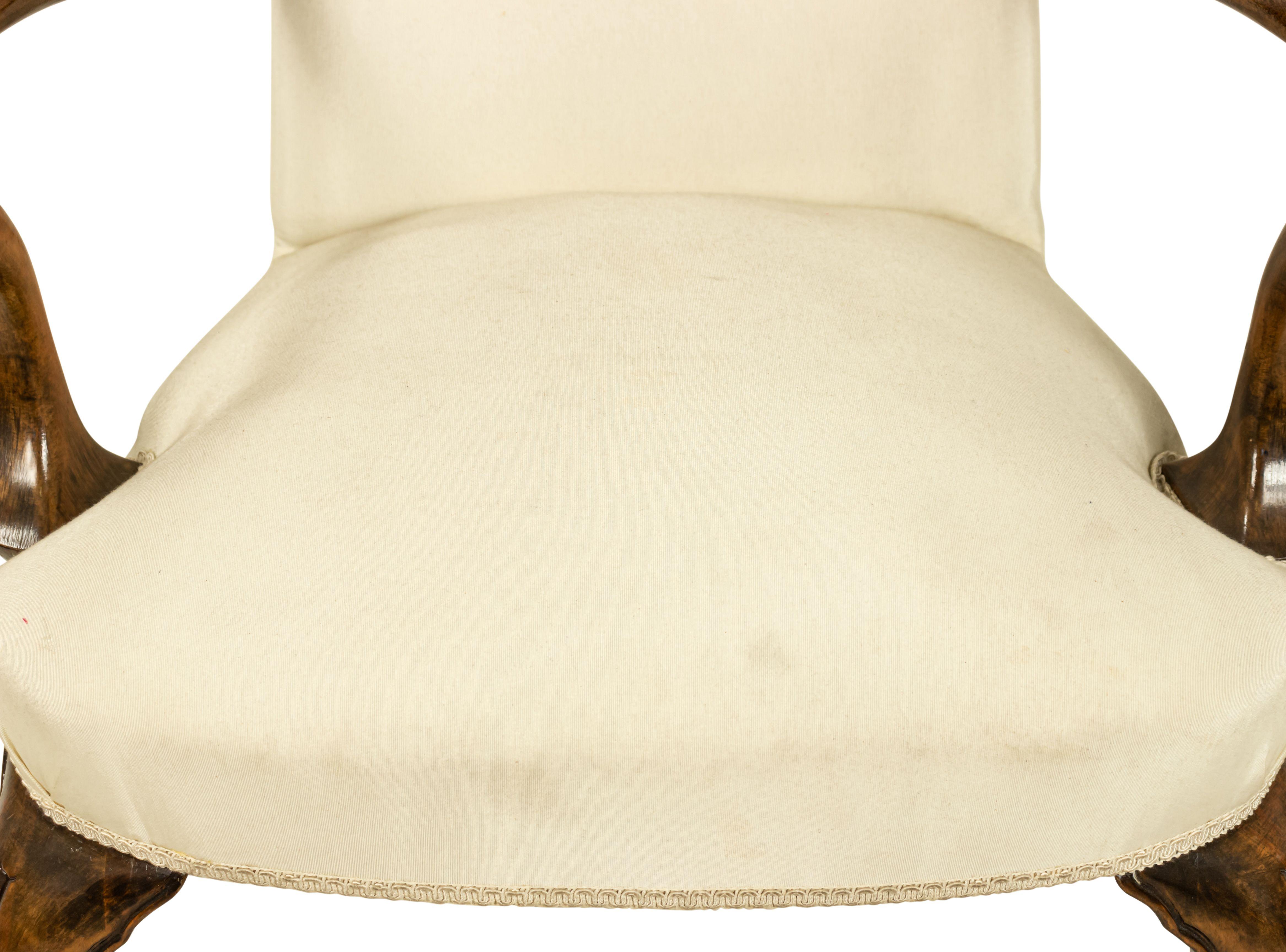 Queen Anne White Upholstered Walnut Armchair For Sale 1