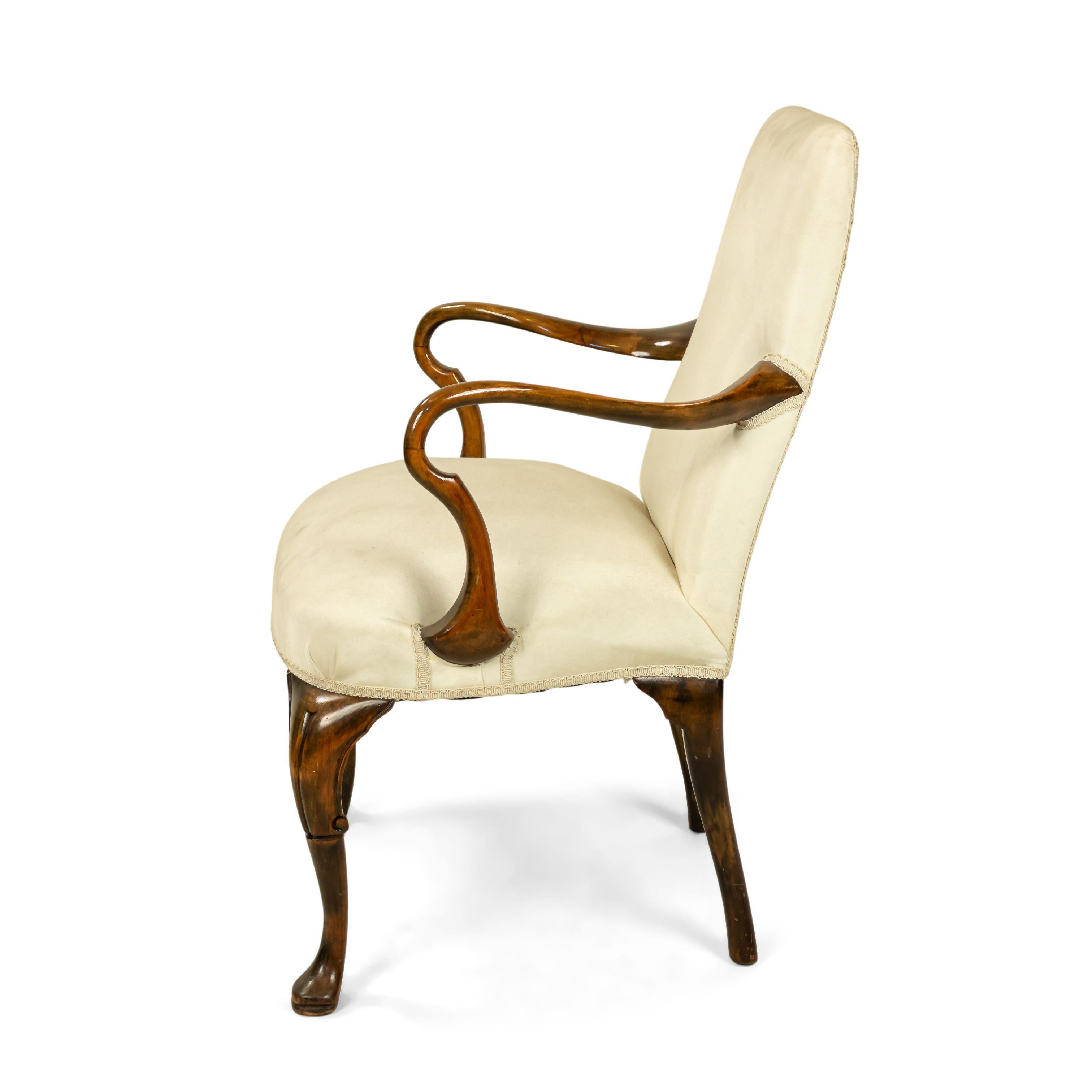Carved Queen Anne White Upholstered Walnut Armchair For Sale