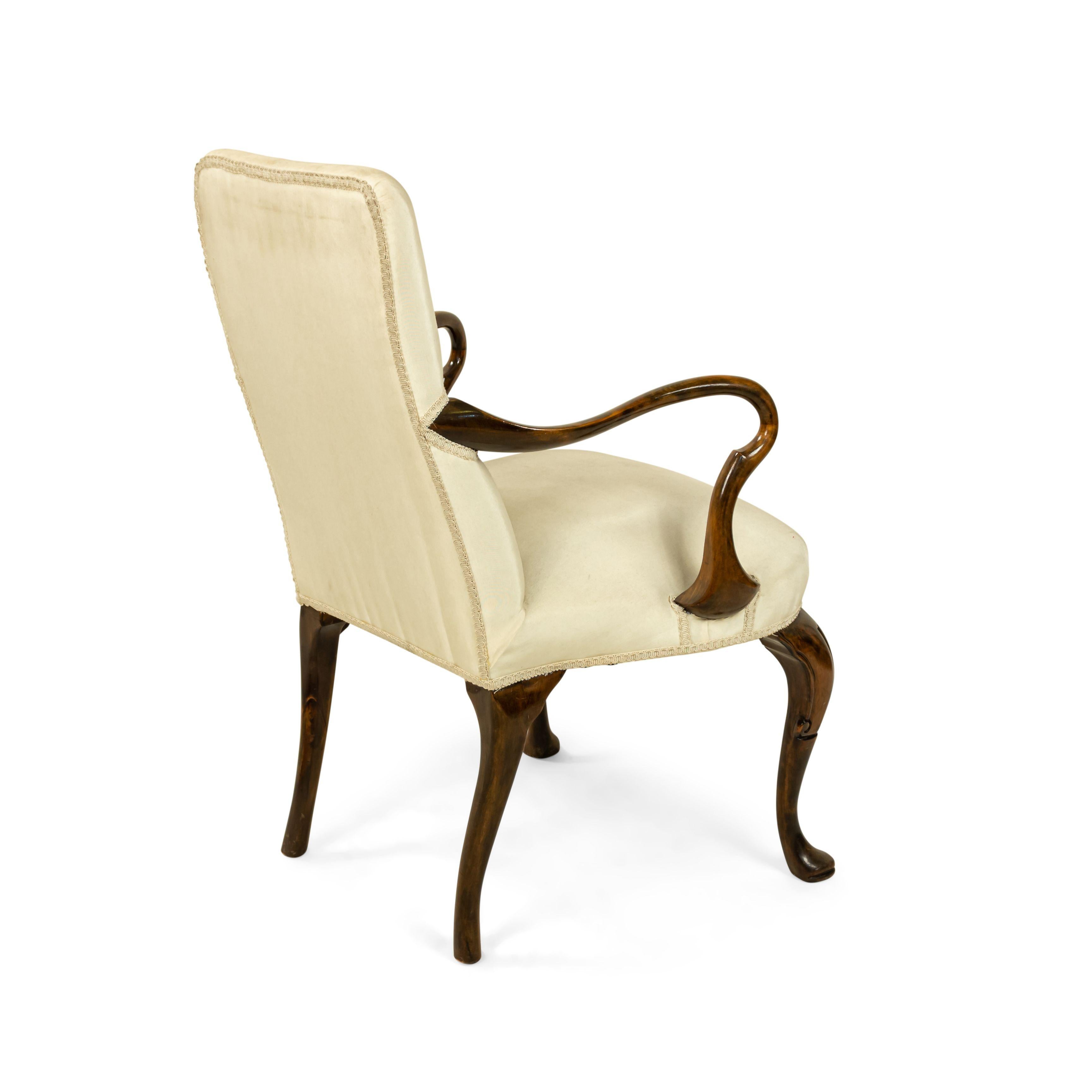 Queen Anne White Upholstered Walnut Arm Chair For Sale 1