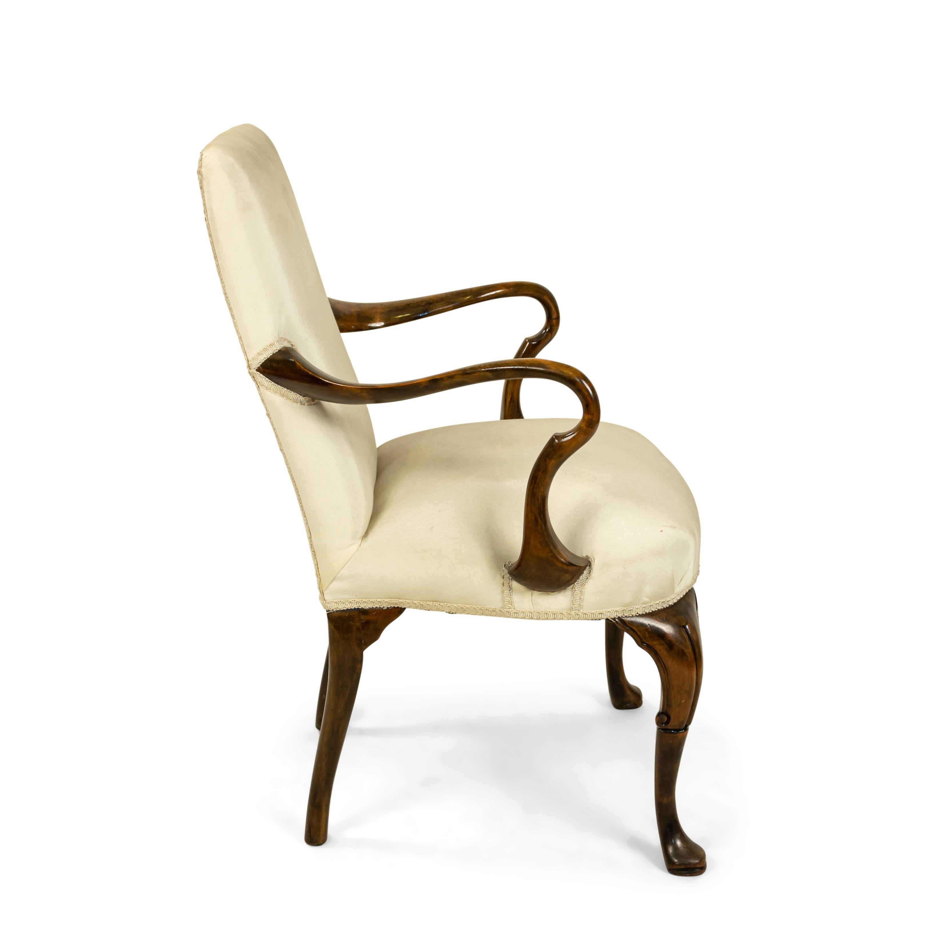 Queen Anne White Upholstered Walnut Arm Chair For Sale 2