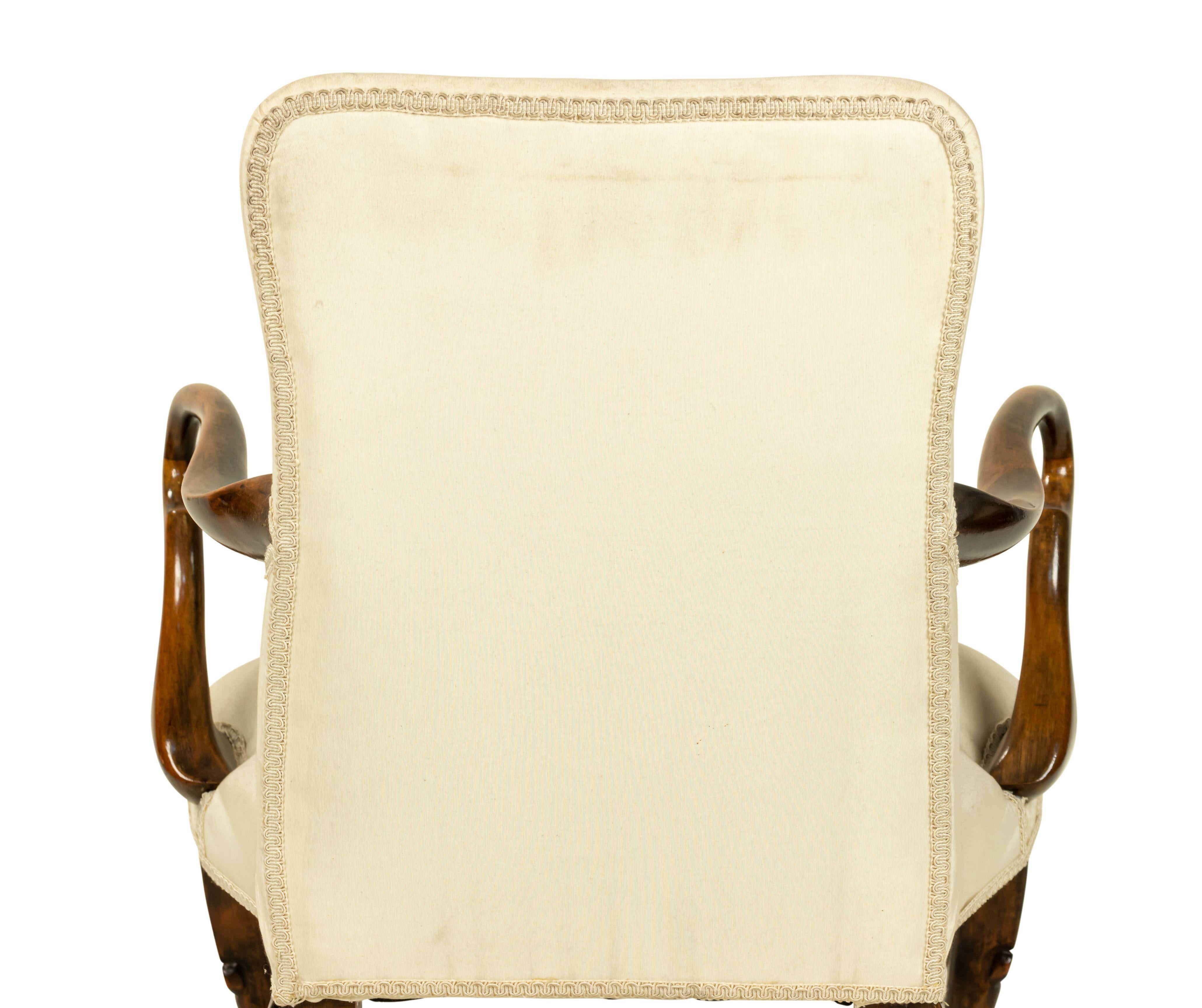 19th Century Queen Anne White Upholstered Walnut Armchair For Sale