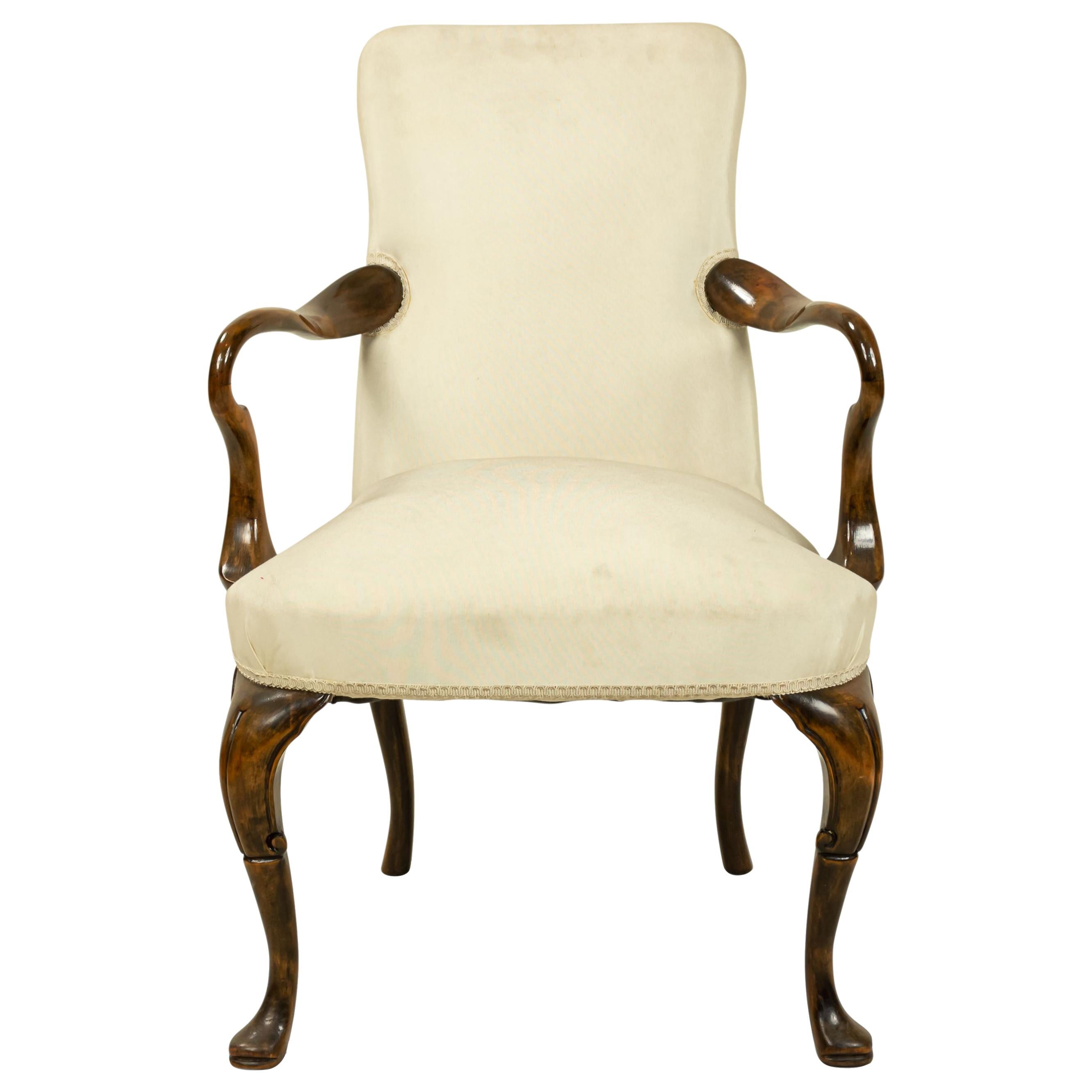 Queen Anne White Upholstered Walnut Armchair