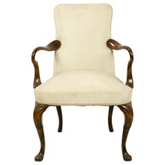 Antique Queen Anne White Upholstered Walnut Armchair