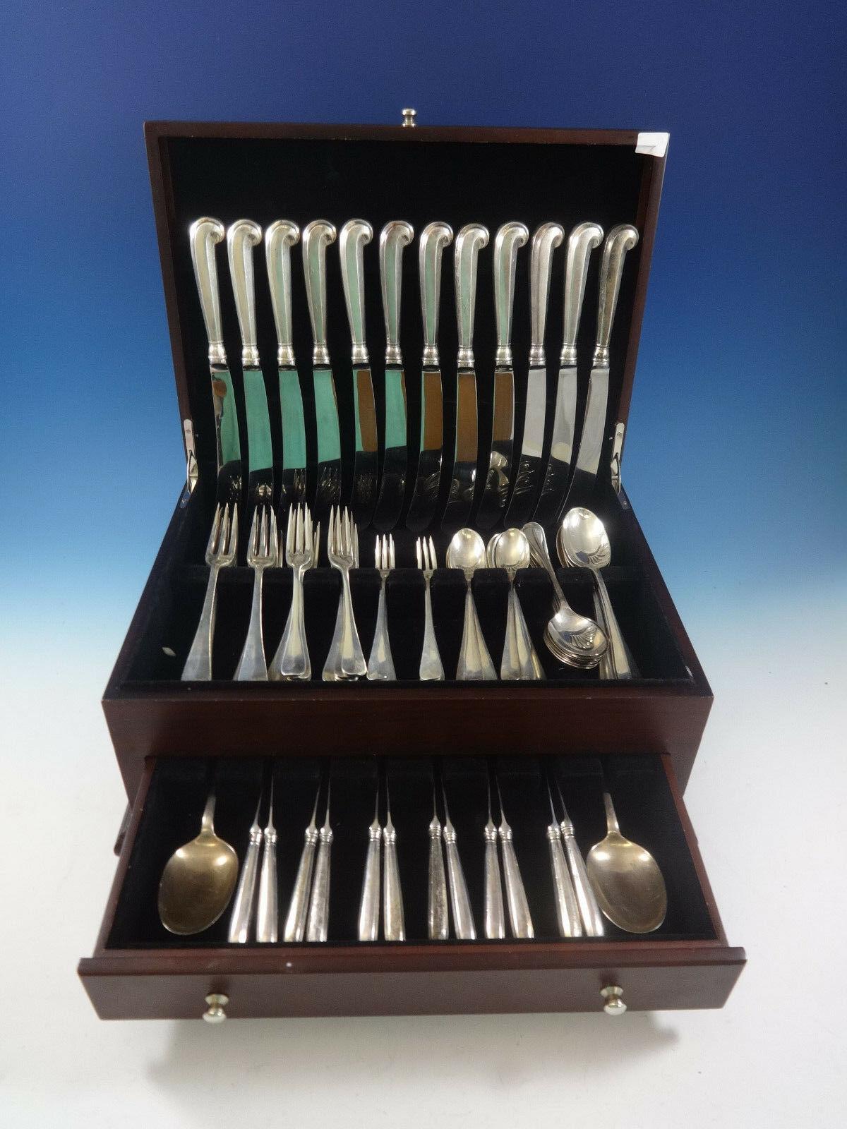 Large queen Anne Williamsburg by Stieff sterling silver flatware set, 86 pieces. This set includes:

12 dinner knives, 9 1/4