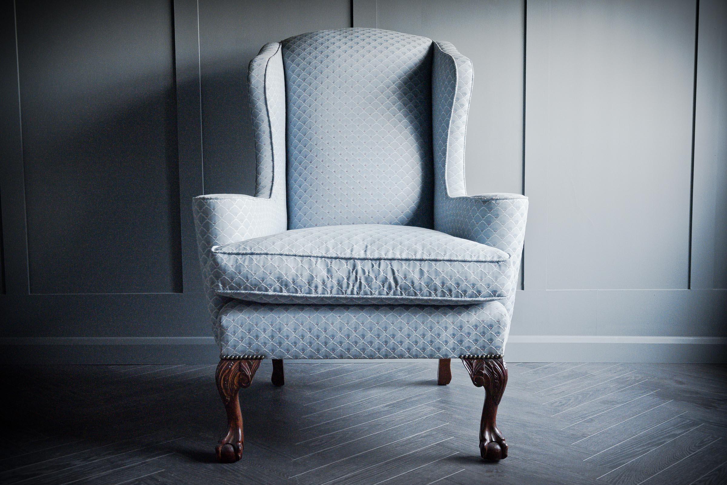 Queen Anne Wing Back Chair and Stool For Sale 5