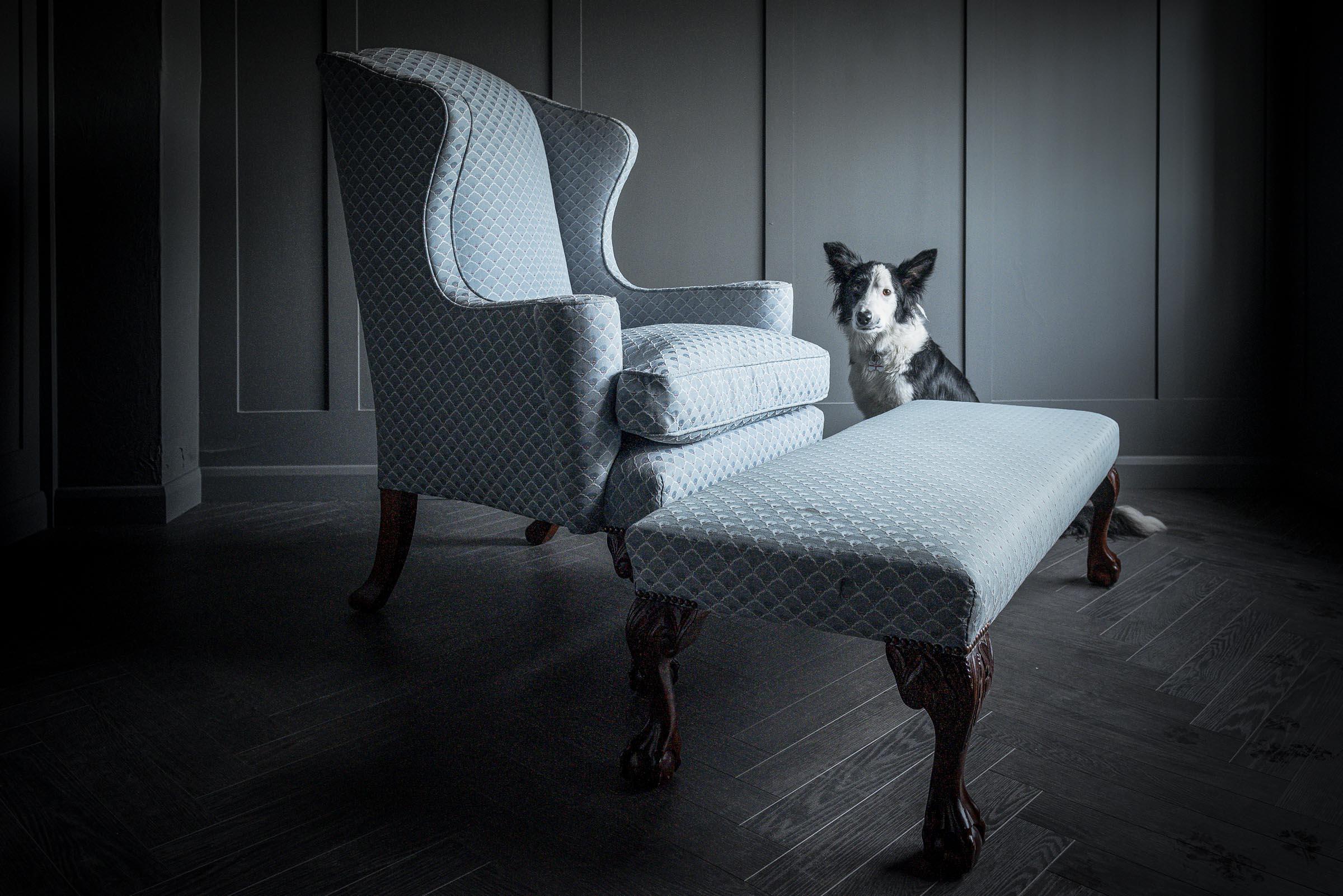 Queen Anne Wing Back Chair and Stool For Sale 14