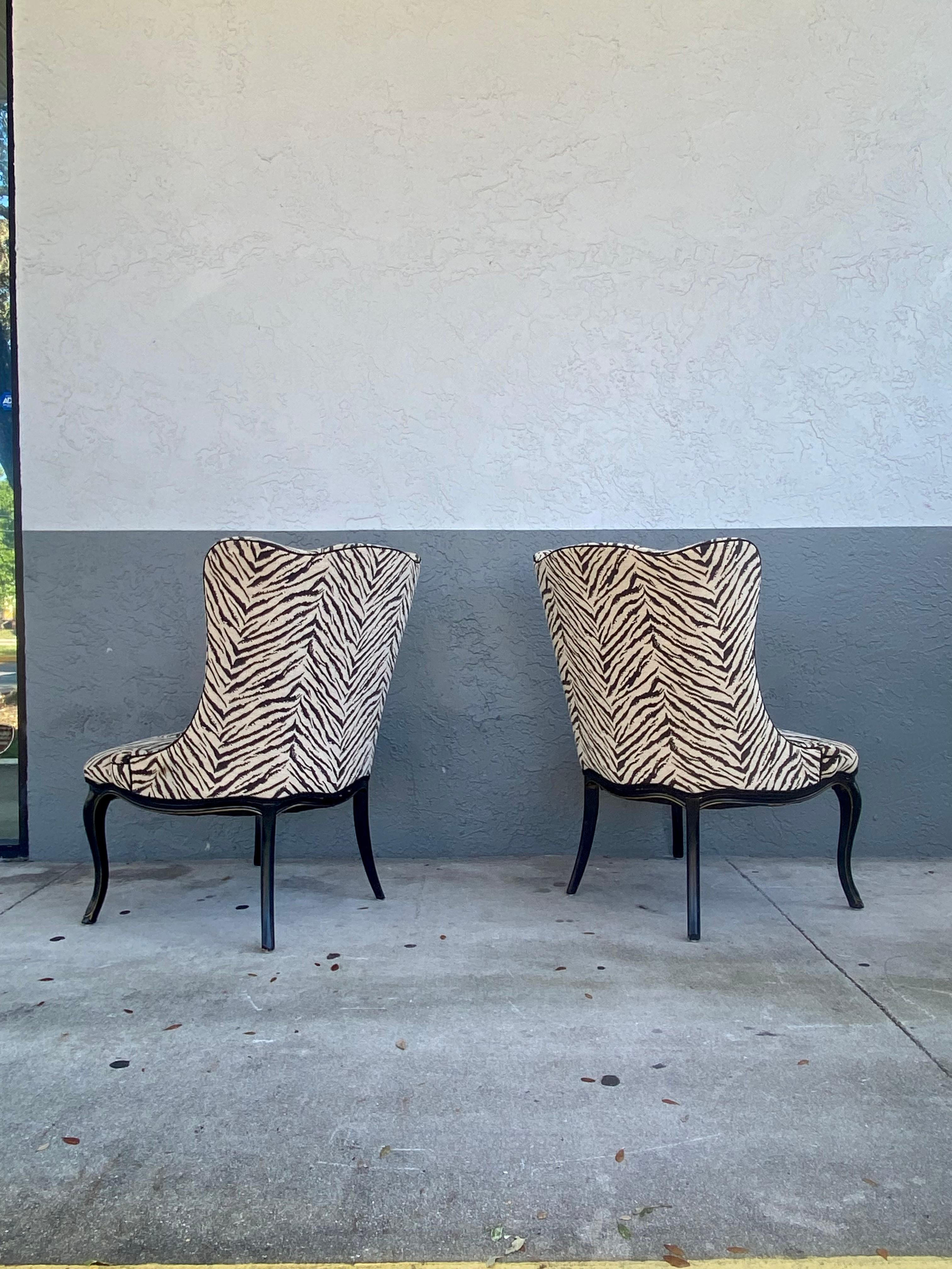 English Queen Anne Wing Back Slipper Style Scalamandre Zebra Chairs, Set of 2 For Sale