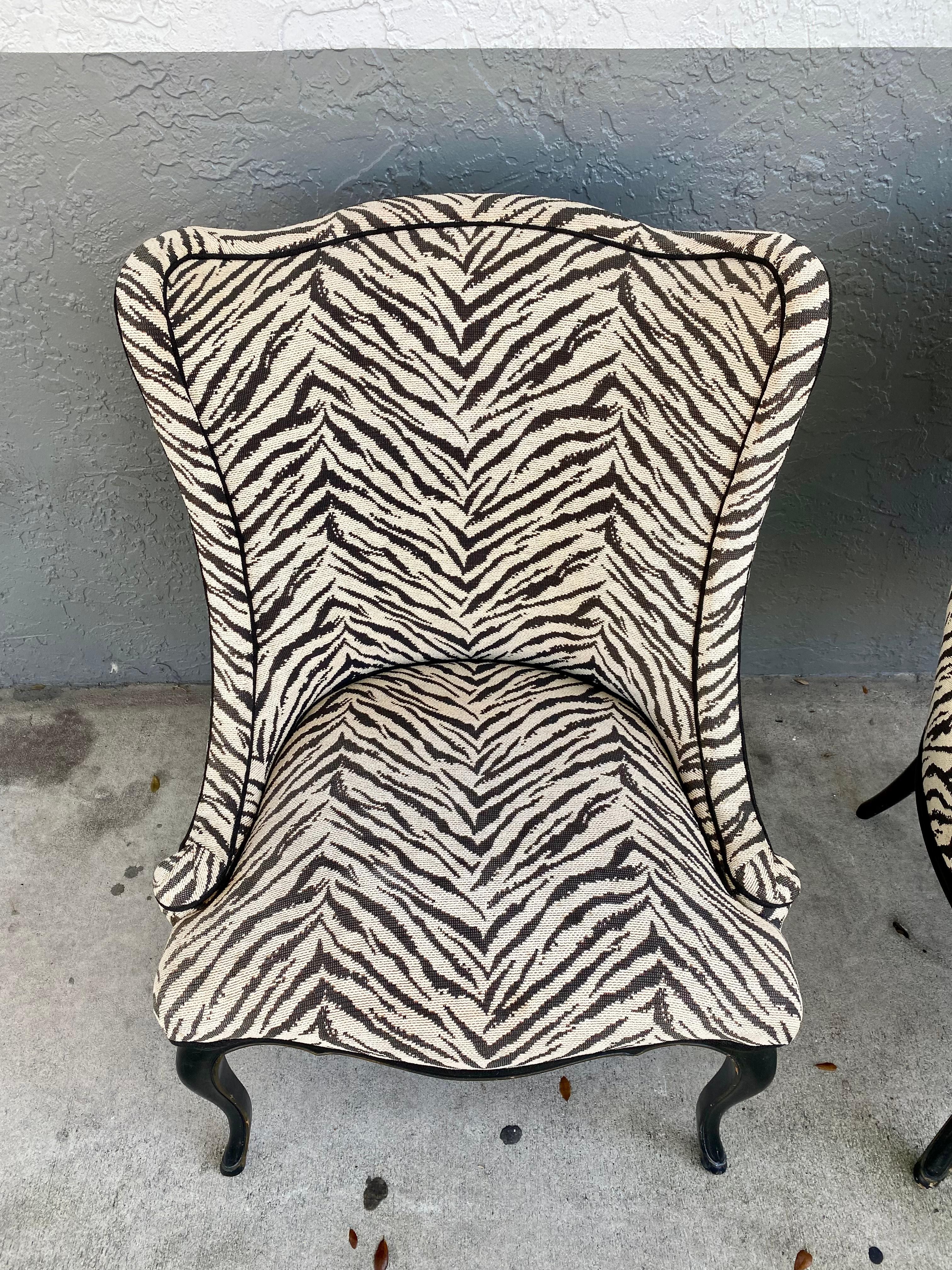 Queen Anne Wing Back Slipper Style Scalamandre Zebra Chairs, Set of 2 In Good Condition For Sale In Fort Lauderdale, FL