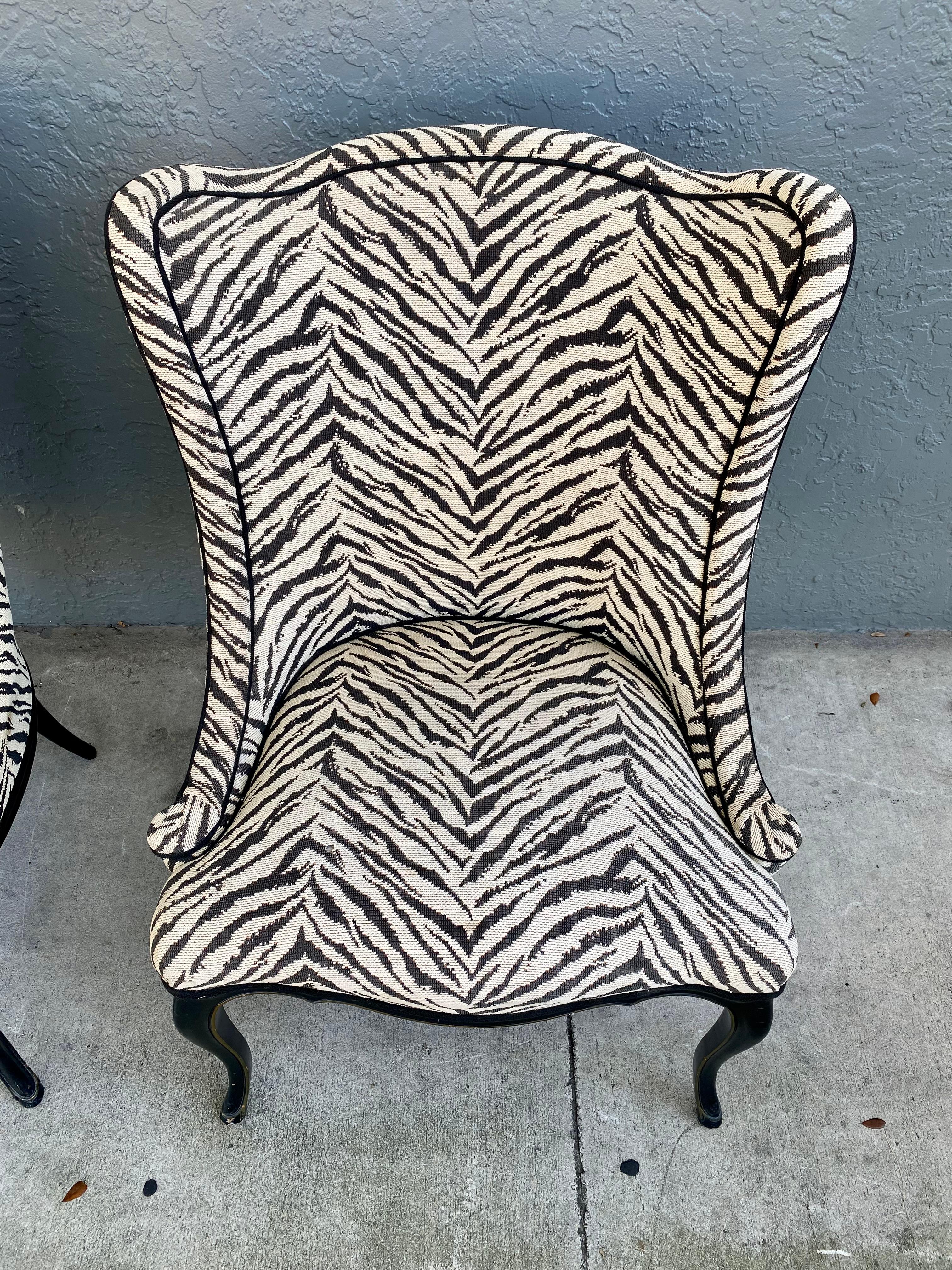 Upholstery Queen Anne Wing Back Slipper Style Scalamandre Zebra Chairs, Set of 2 For Sale