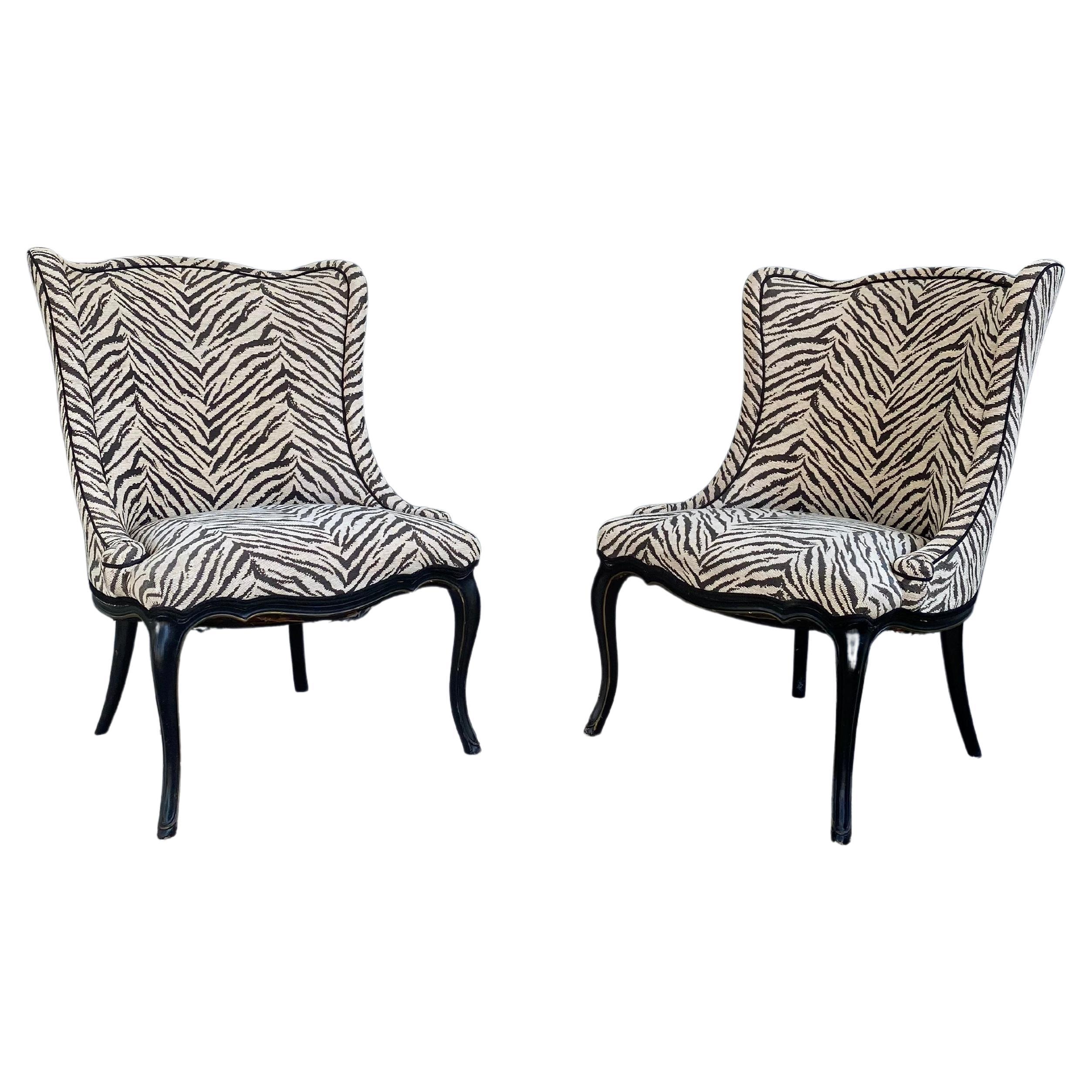 Queen Anne Wing Back Slipper Style Scalamandre Zebra Chairs, Set of 2 For Sale