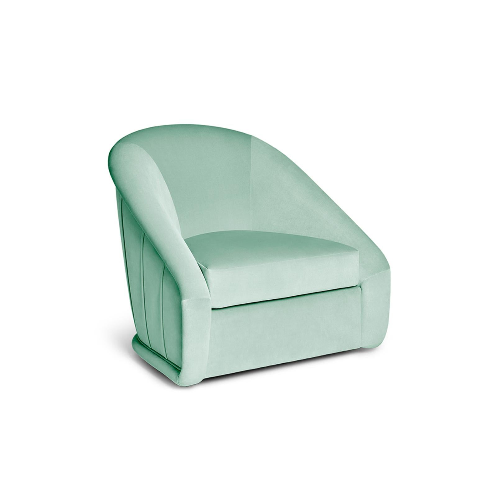 Queen B Swivel Armchair by Munna
Dimensions: D 100 x W 100 x H 93 cm. SH: 42 cm.
Materials: Wood, foam, and upholstery.
Finish: Cotton Velvet, ref. Green Duck Egg, CV19

Available in all Munna fabrics except Wild Silk. Available in client’s own
