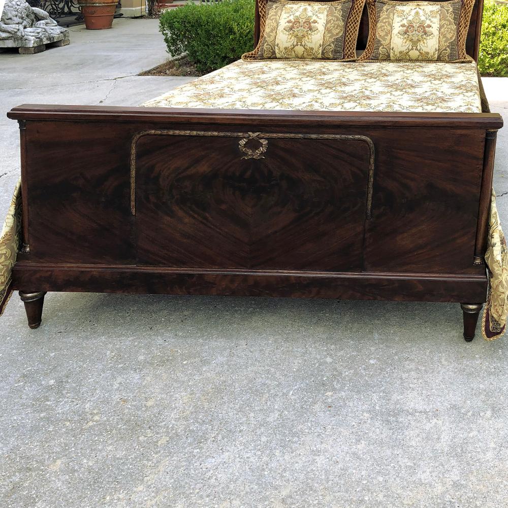 Bronze Queen Bed, Antique French Neoclassical in Mahogany
