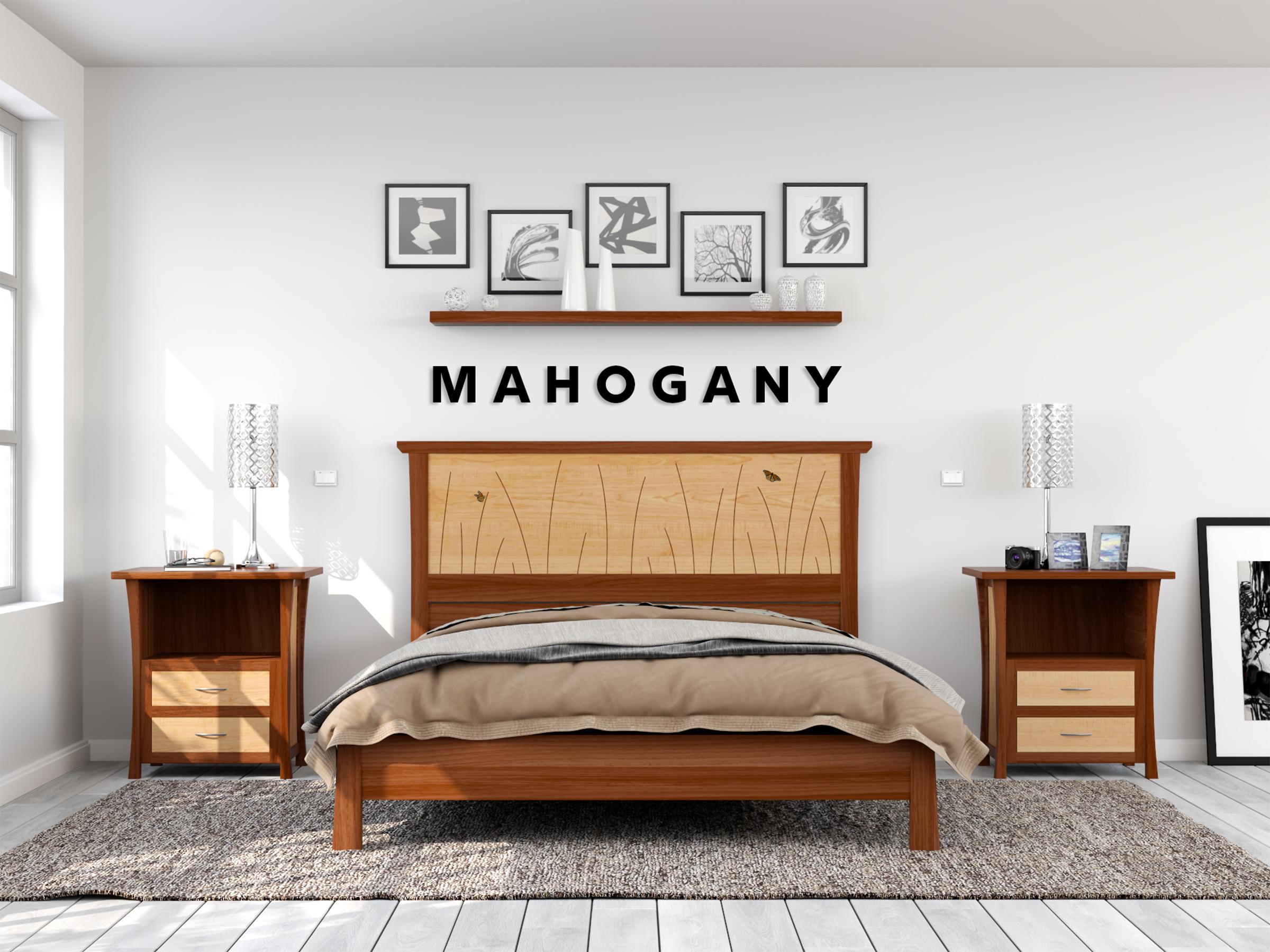 Queen-Bettrahmen, handgefertigt aus Mahagoni und Ahorn mit Schmetterlingsintarsien (Holz) im Angebot