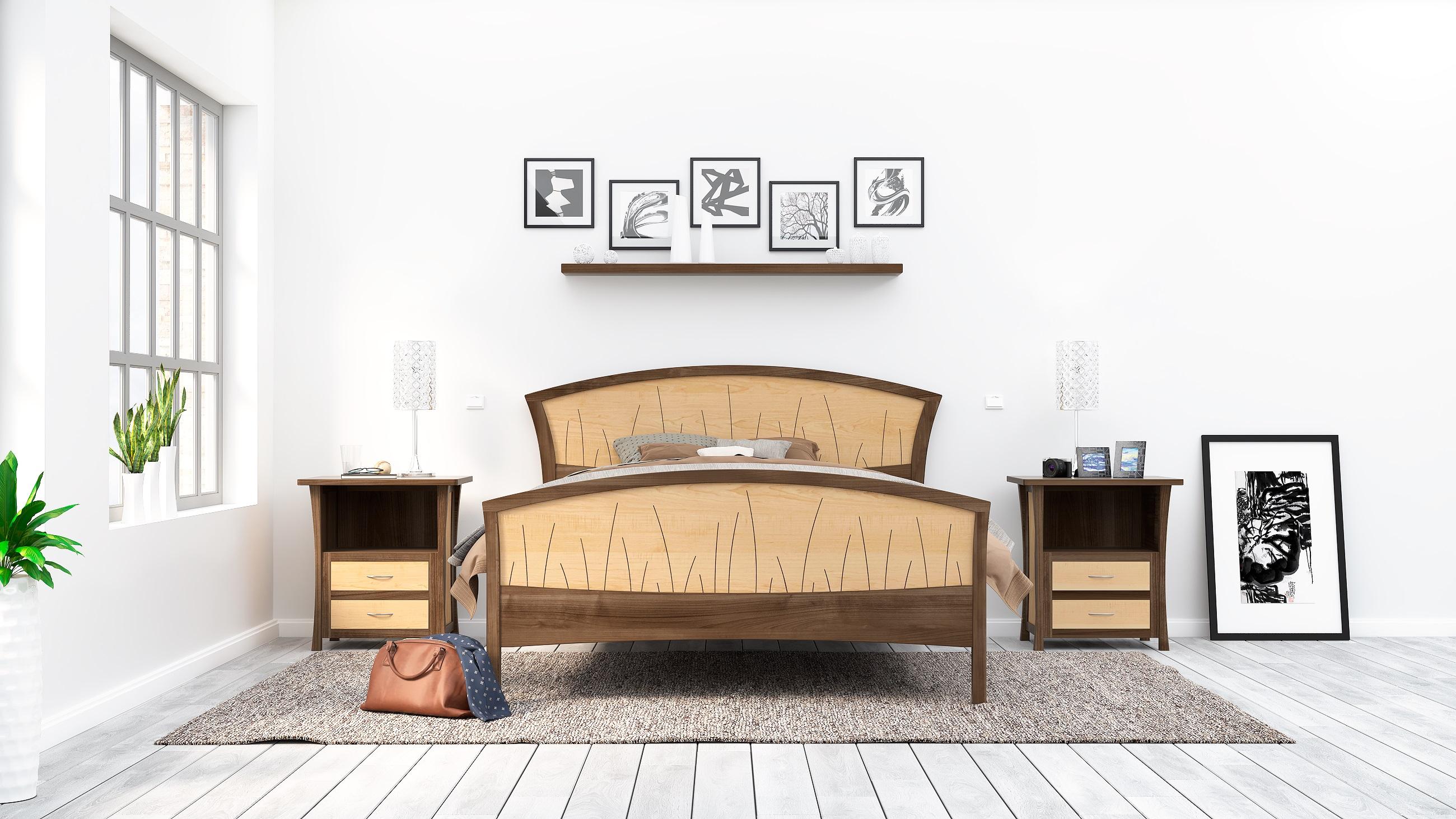 Art Deco Queen Bed Frame, Handmade in Walnut And Curly Maple 