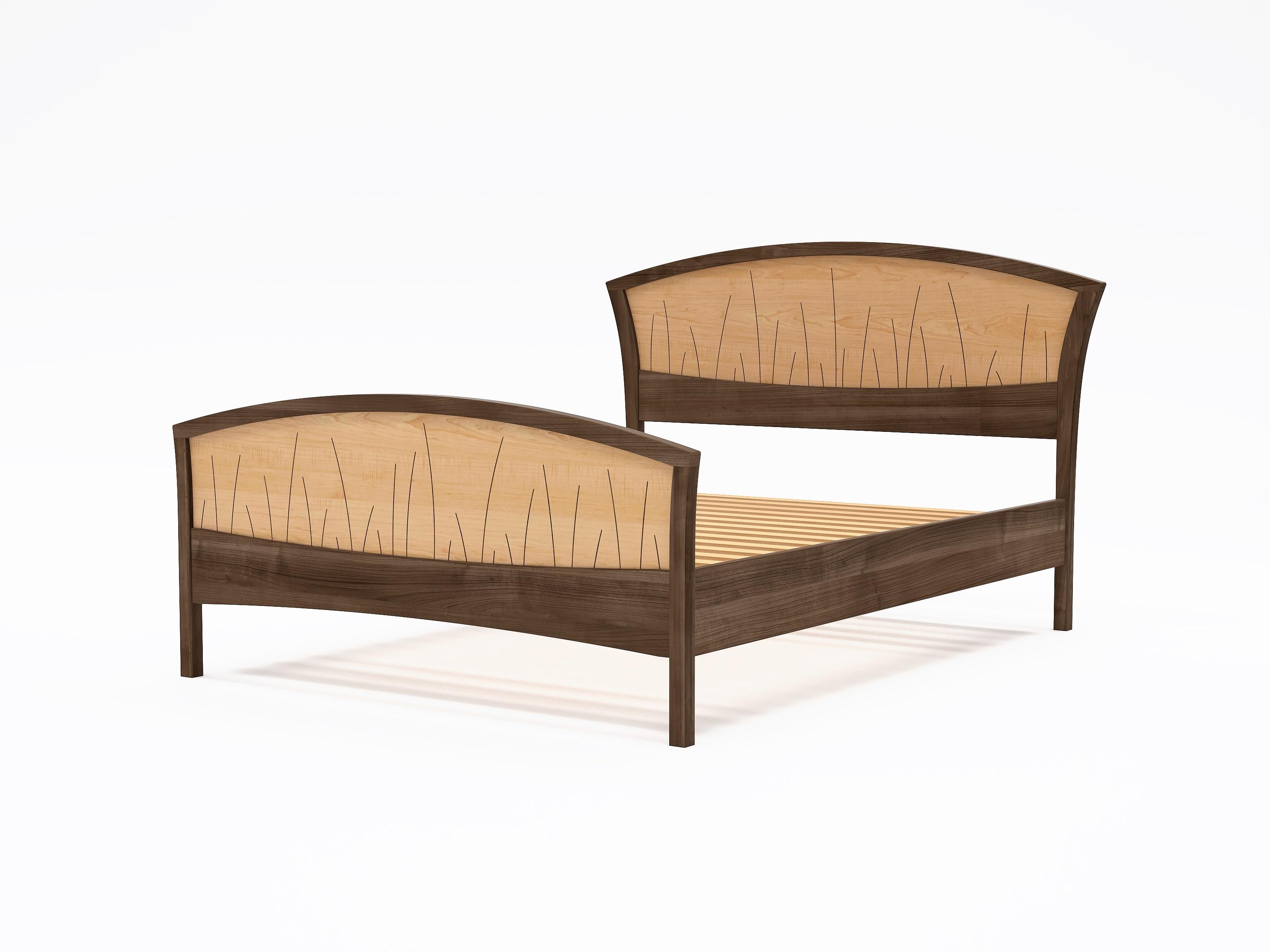 Inlay Queen Bed Frame, Handmade in Walnut And Curly Maple 