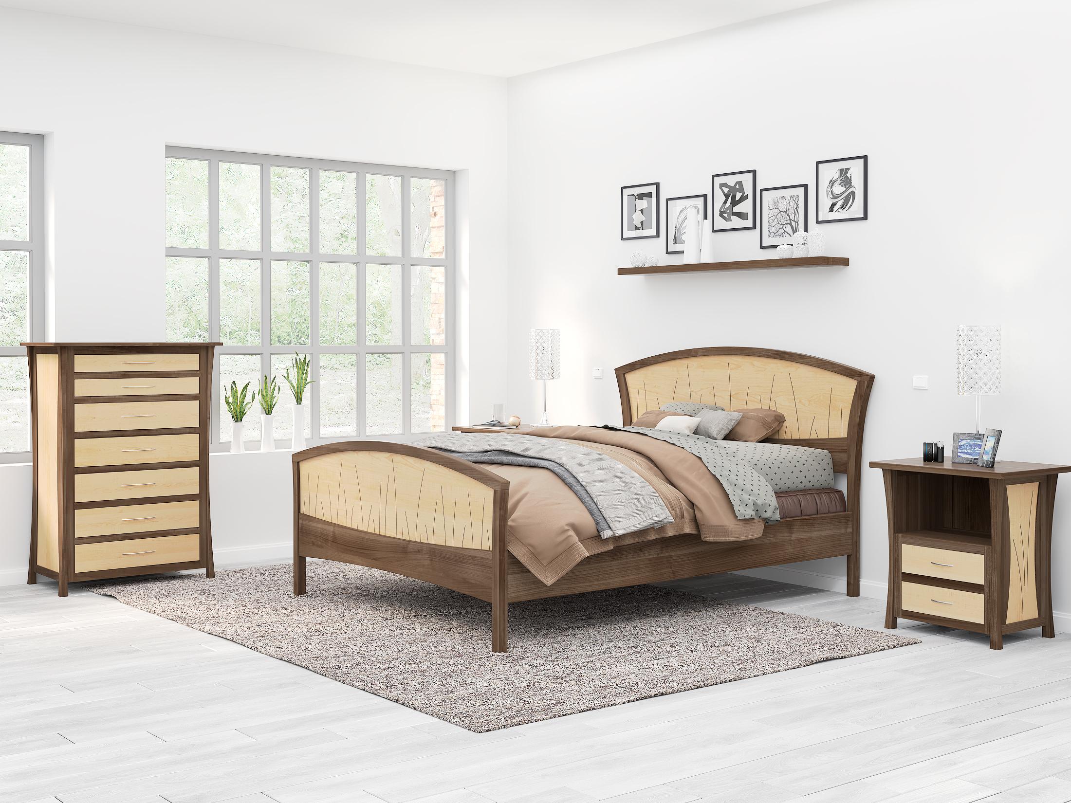Contemporary Queen Bed Frame, Handmade in Walnut And Curly Maple 