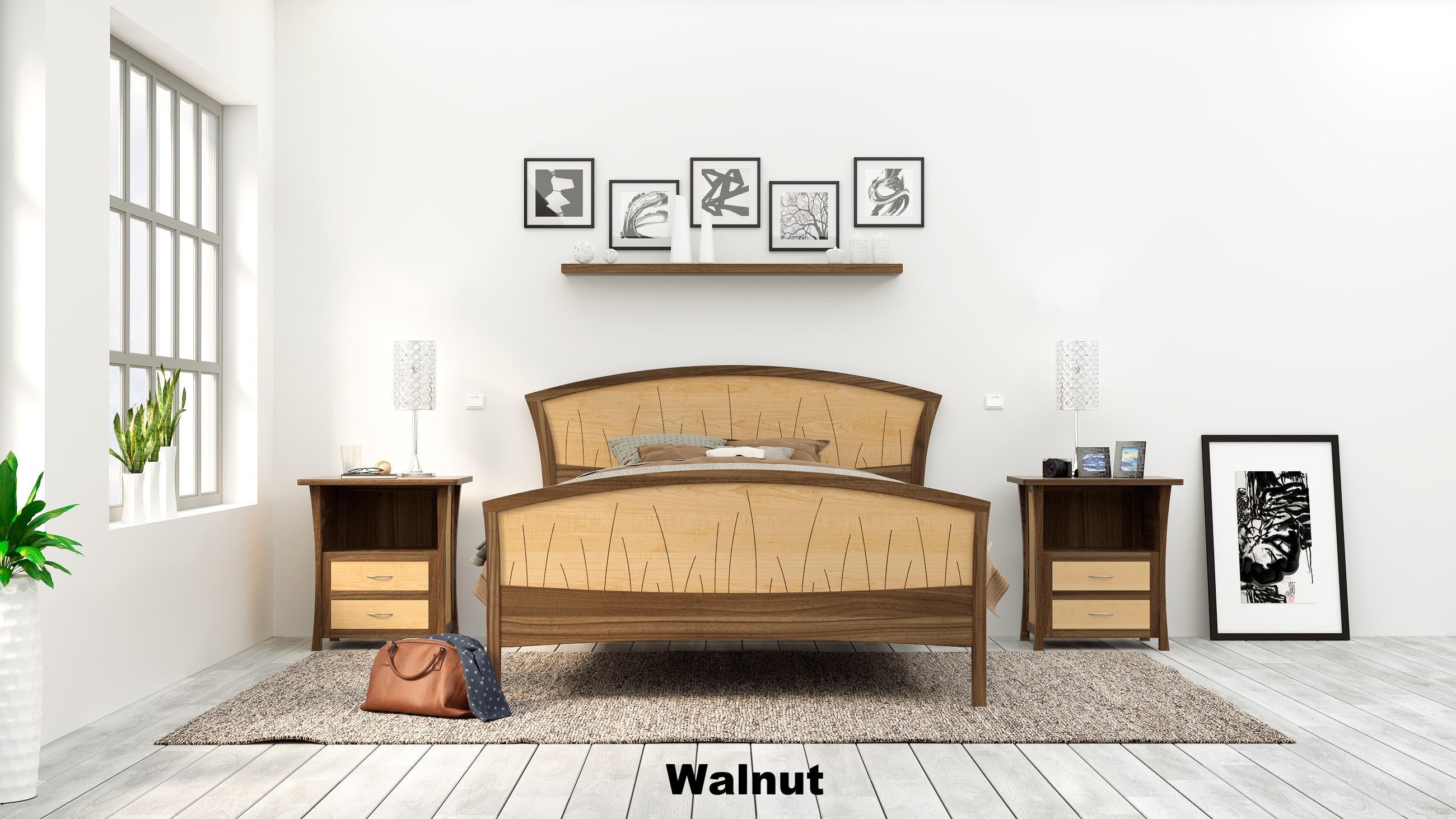 Wood Queen Bed Frame, Handmade in Walnut And Curly Maple 