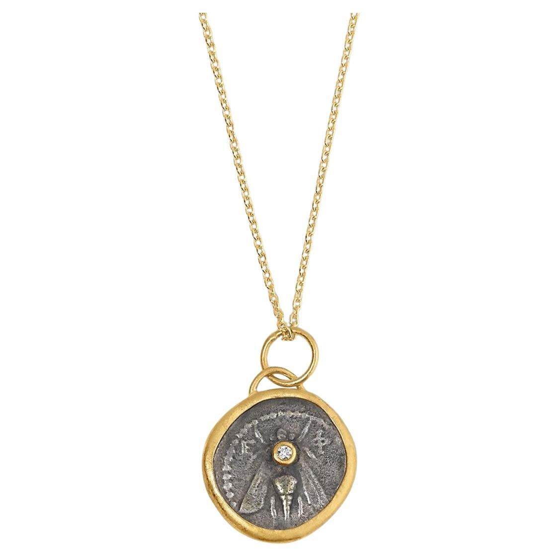 Queen Bee, Ephesus Coin, Tetra Drachm, Pendant Necklace Charm Coin Amulet with Diamond, 24kt Gold and Silver by Prehistoric Works of Istanbul, Turkey. These coin amulets pair well alone or with other coin pendants or with miniature pendants.