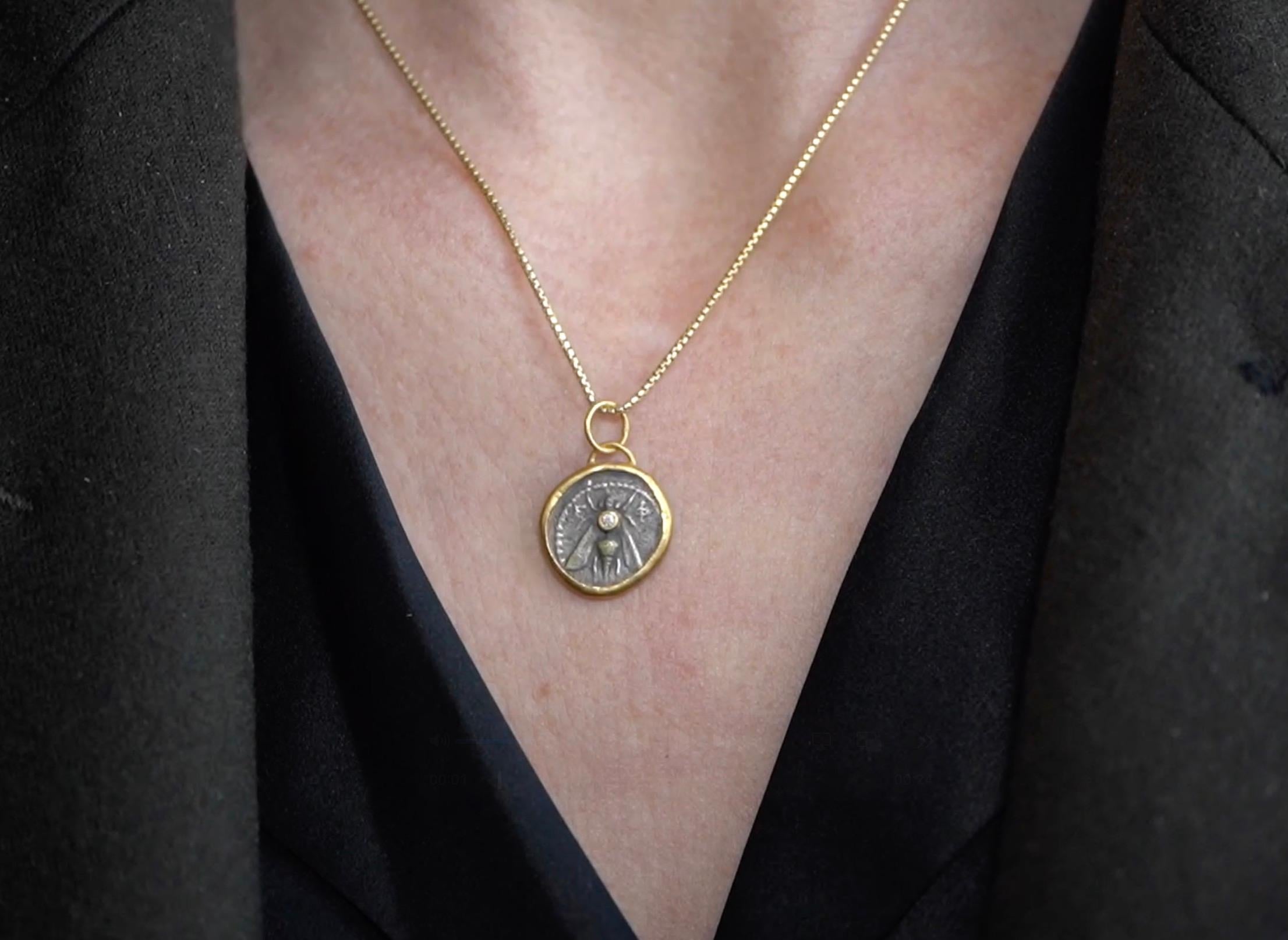 Contemporary Queen Bee Ephesus Coin Tetra Drachm Pendant Charm Coin Amulet w/ Diamonds