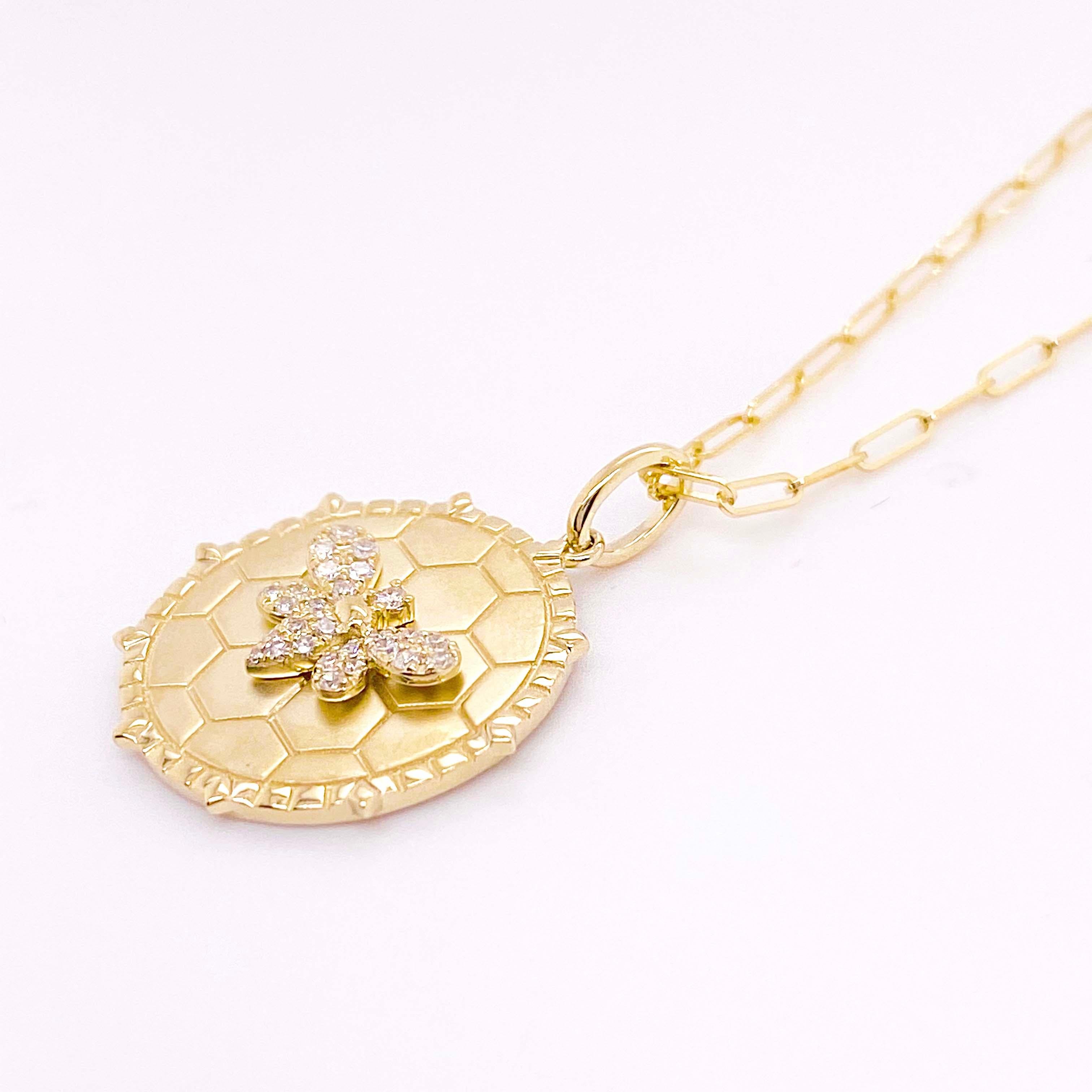 Contemporary Queen Bee Necklace, Diamond Disk Pendant, Paperclip Chain, Yellow Gold For Sale