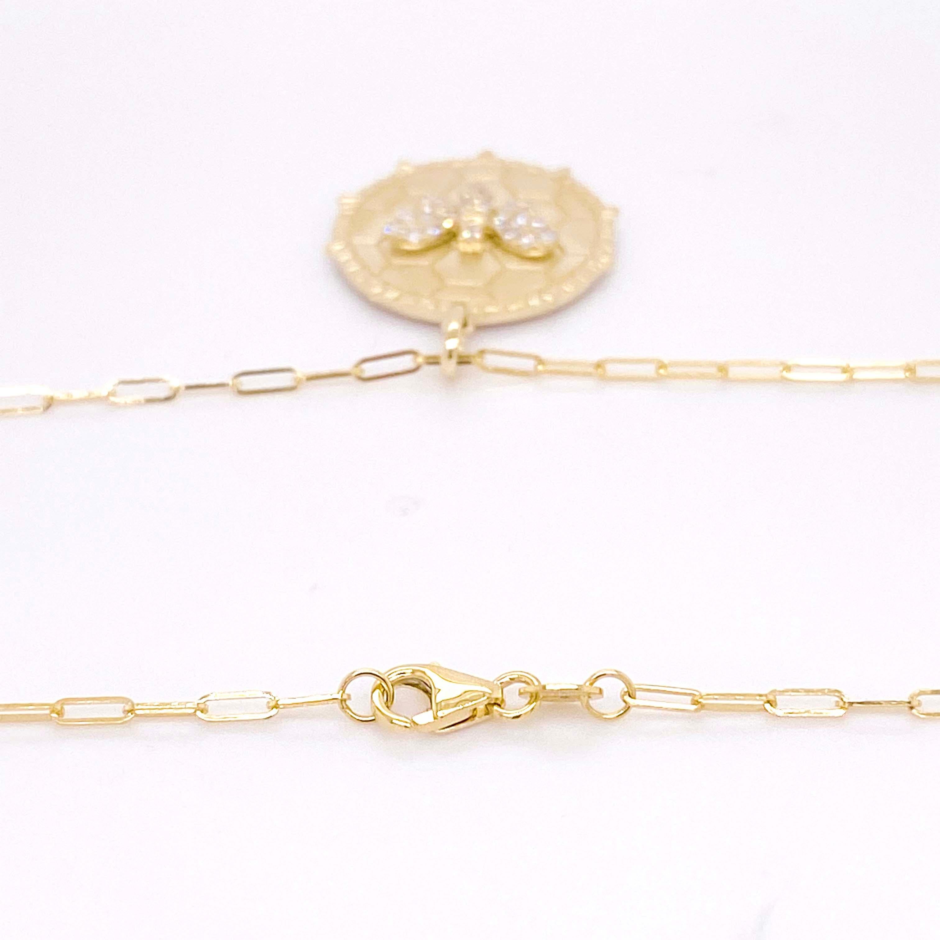 Queen Bee Necklace, Diamond Disk Pendant, Paperclip Chain, Yellow Gold In New Condition For Sale In Austin, TX