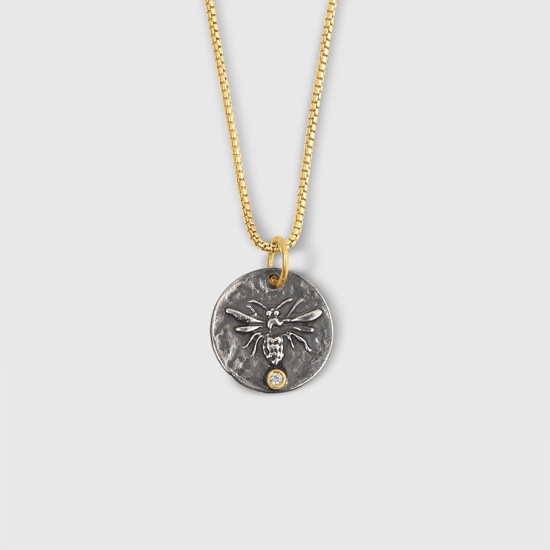 Contemporary Queen Bee, Pendant Necklace Charm Coin Amulet with Diamond, 24kt Gold and Silver
