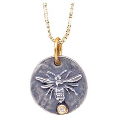Queen Bee, Pendant Necklace Charm Coin Amulet with Diamond, 24kt Gold and Silver