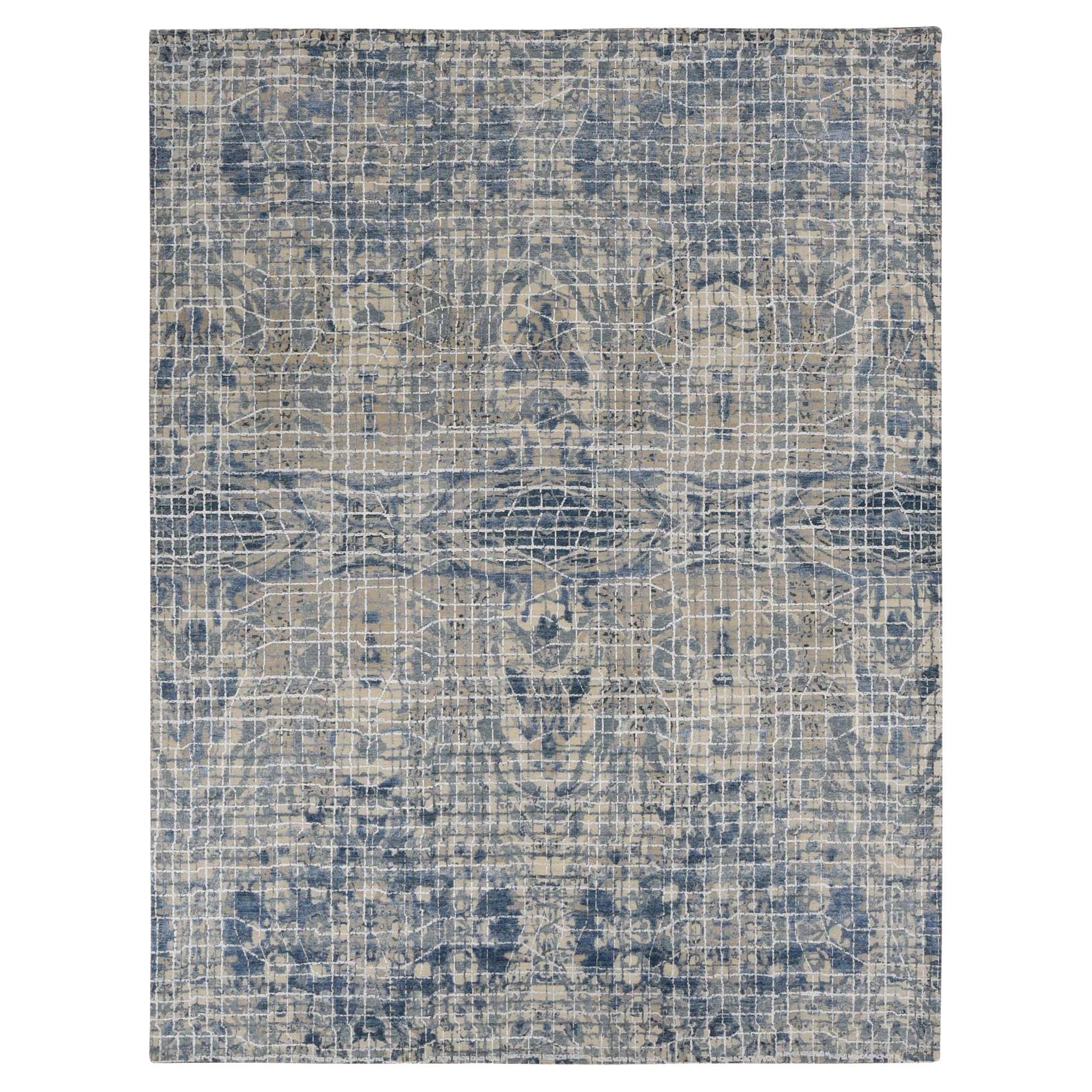 Queen Blue Fence Verdunkeltes Design Seide-Texturierte Wolle Handgeknüpft Orientteppich im Angebot