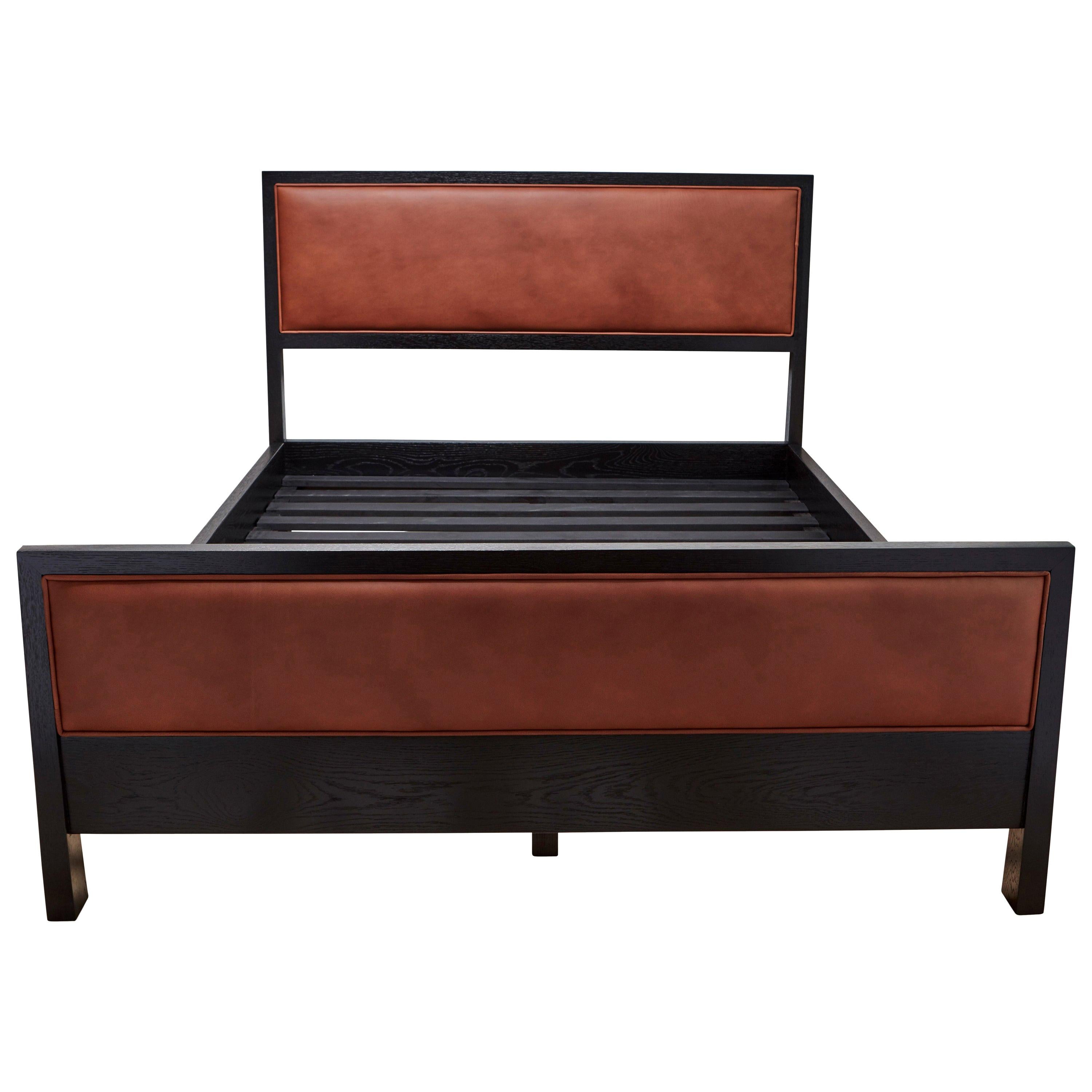 Queen Cognac Leather and Black Oak Auden Bed by Lawson-Fenning For Sale