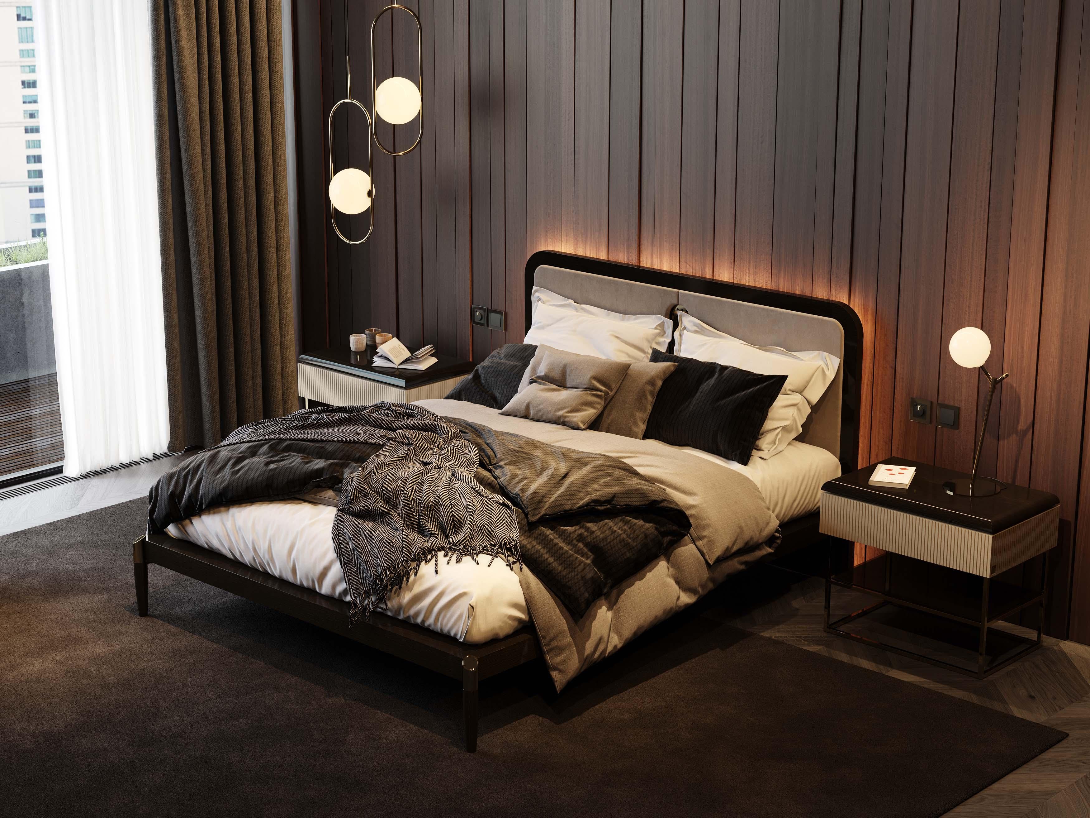 Hand-Crafted Queen Contemporary Her Bed Made with High Gloss Oak, Handmade by Stylish Club For Sale