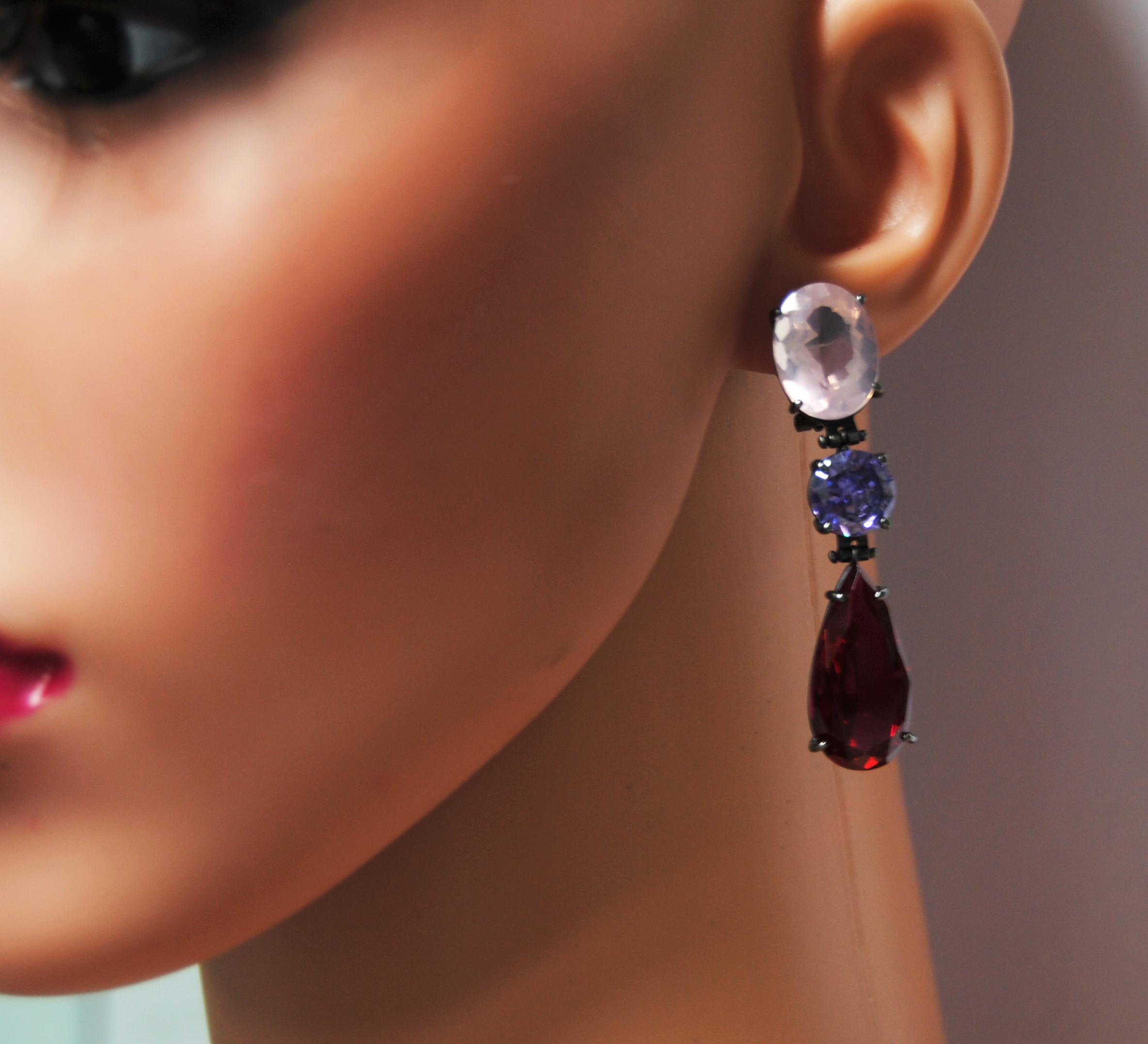 Contemporary Mangiarotti Opera Earrings in pink Quartz amethyst and rubelite in Black Silver For Sale