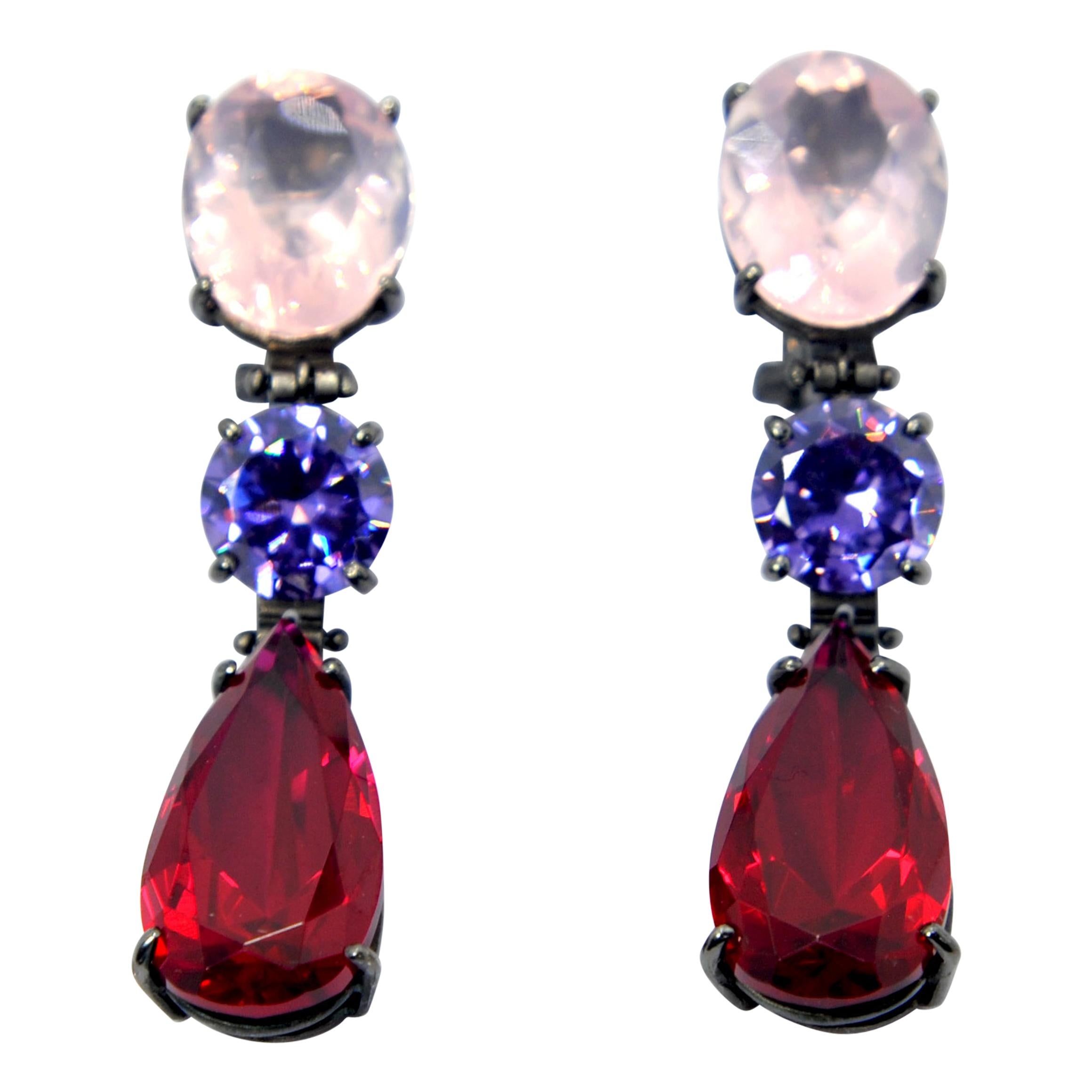 Mangiarotti Opera Earrings in pink Quartz amethyst and rubelite in Black Silver