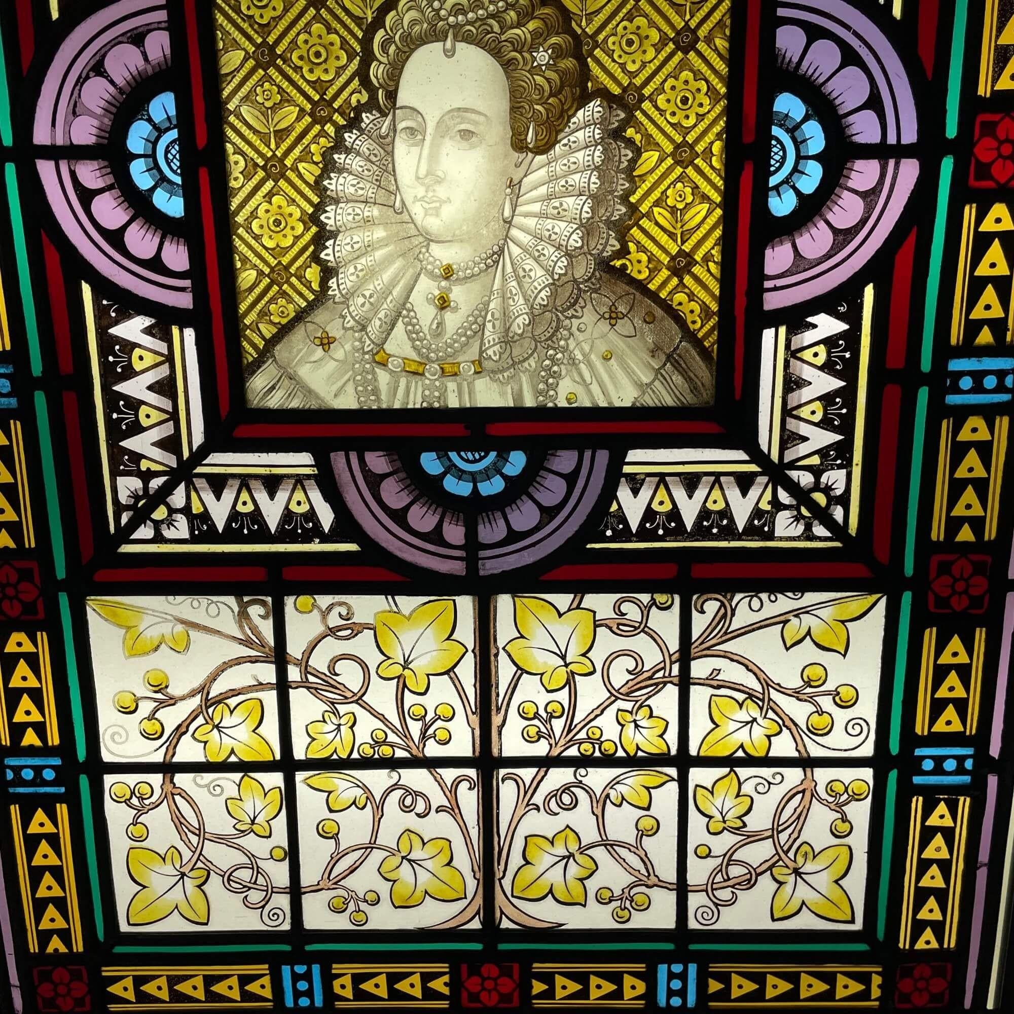 English Queen Elizabeth I Antique Stained Glass Window For Sale