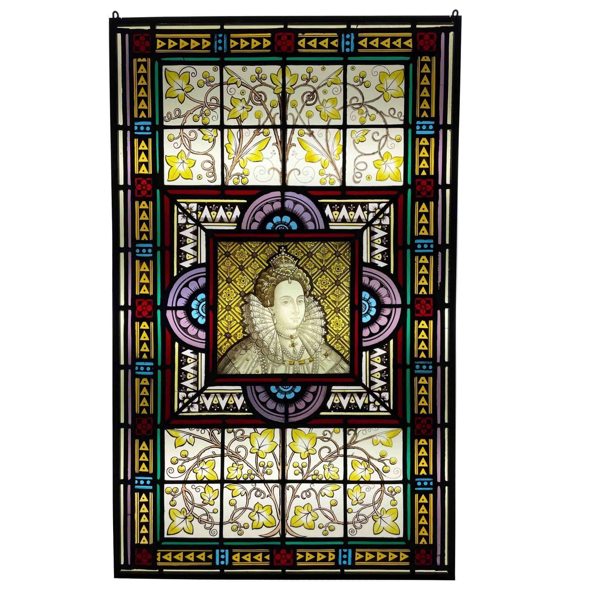 19th Century Queen Elizabeth I Antique Stained Glass Window For Sale