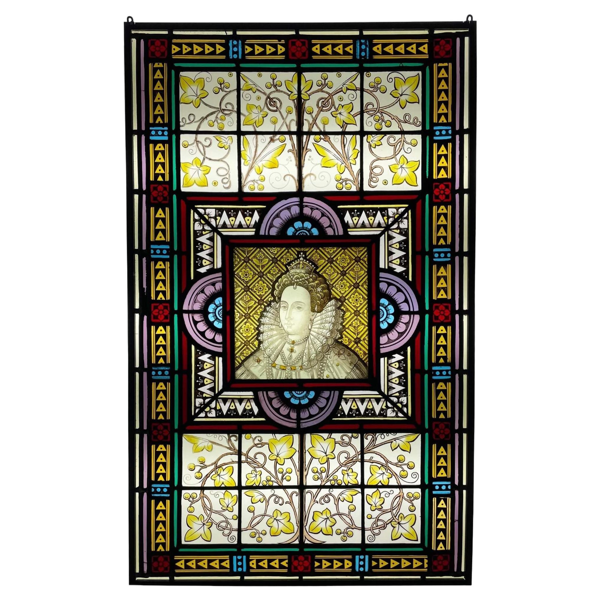 Queen Elizabeth I Antique Stained Glass Window For Sale