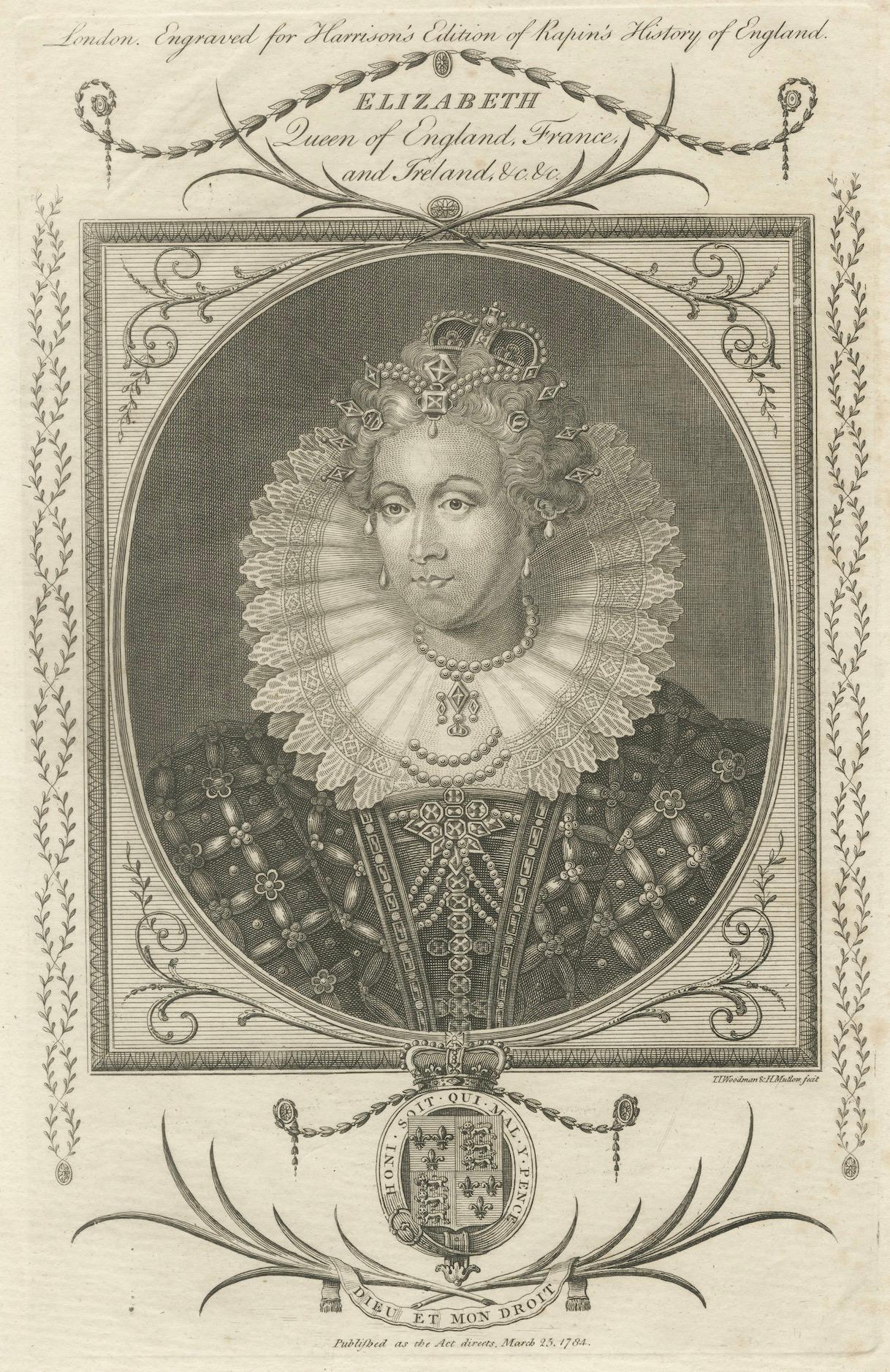 Queen Elizabeth I Portrait Engraving, Antique British Royal Print 1784