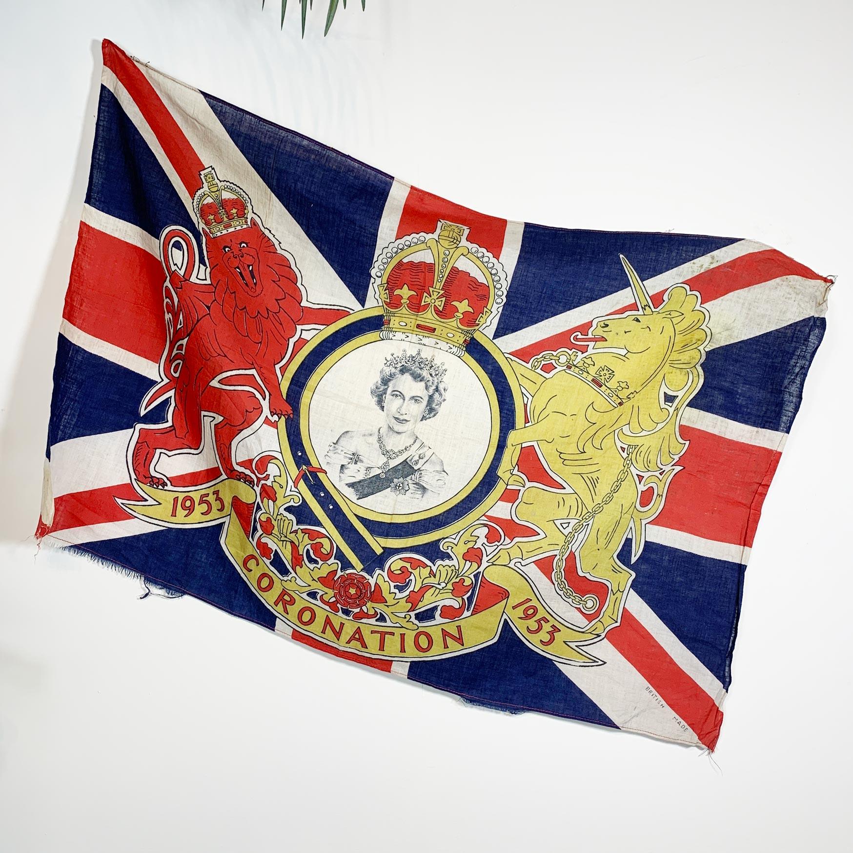 A Rare And Historical Royal Coronation Flag from The Coronation Of HRH Queen Elizabeth 2nd, June 2nd 1953.

Due To The Size This Flag Would Have Been Used Strung Hung From a Doorway Or Window For One Of The Many Street Parties Held To

Celebrate