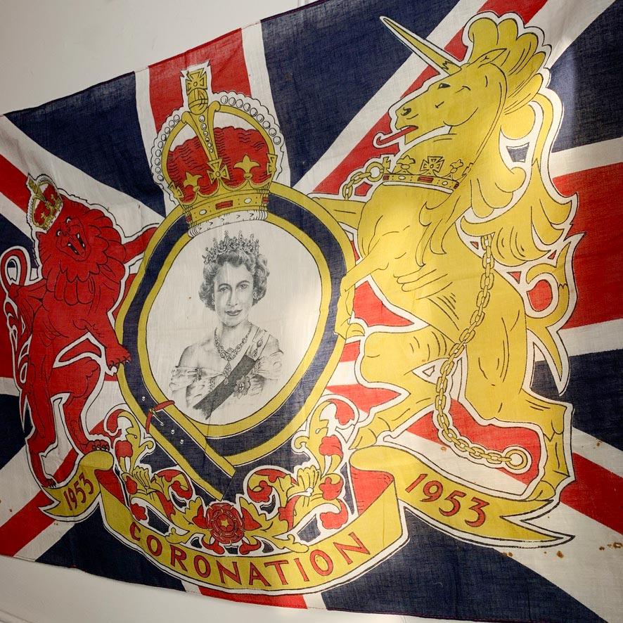 English Queen Elizabeth II Coronation Flag 1953 For Sale