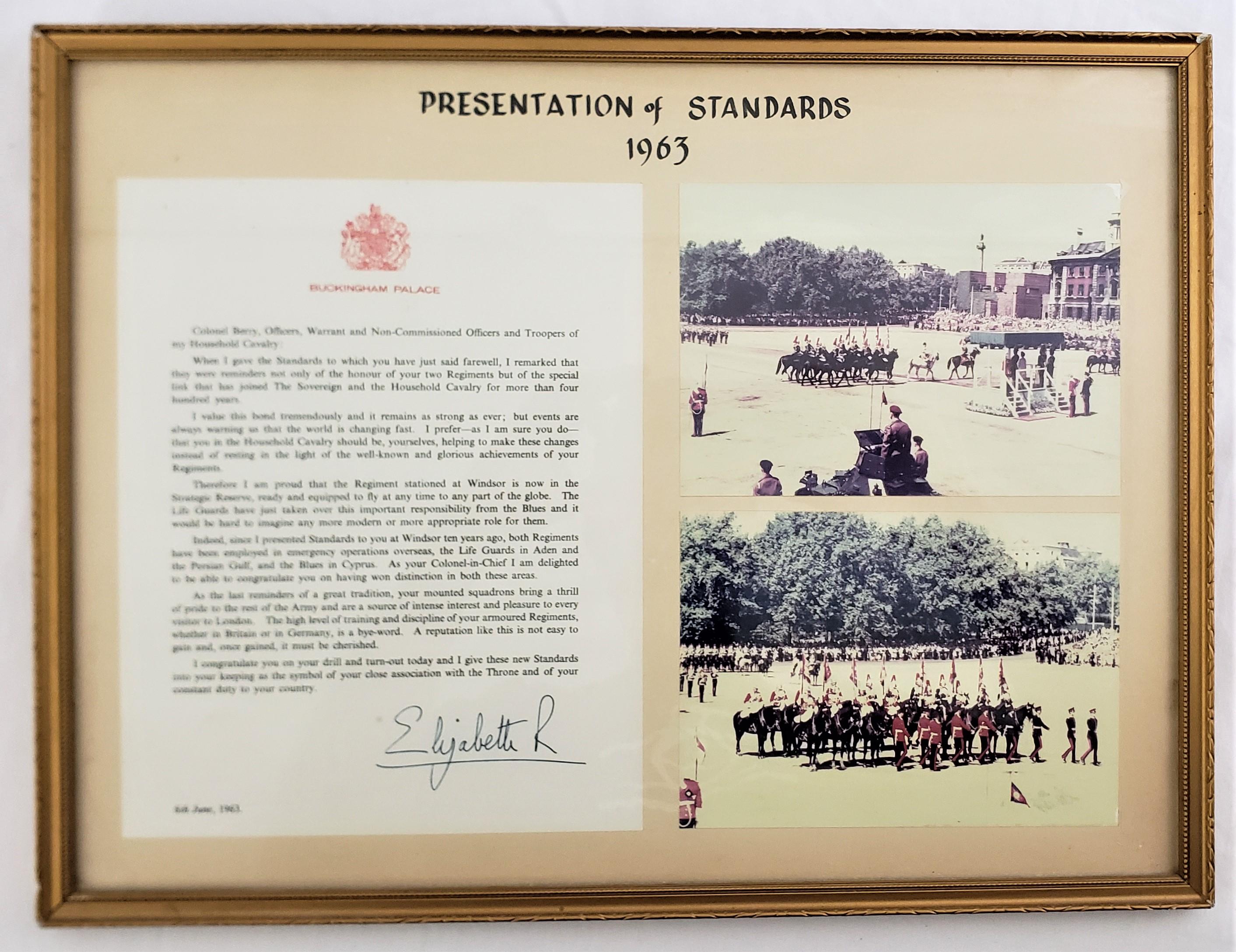 This grouping includes a framed letter from Buckingham Palace signed by Her Majesty Queen Elizabeth II in 1963 for the Presentation of Standards, with two photos of the ceremny and another framed photo of the recipient of the letter. The typed