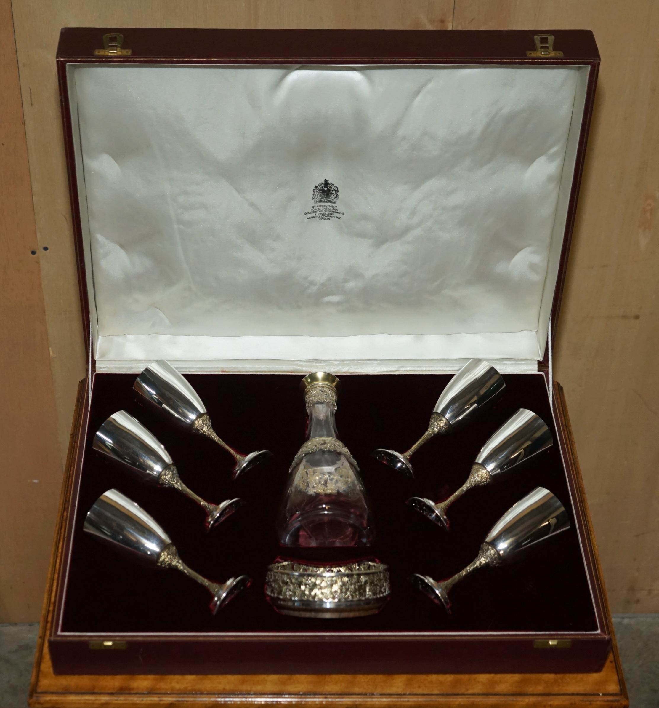 Victorian Queen Elizabeth II Sterling Silver Asprey Drinks Decanter Bar & Goblets Suite For Sale