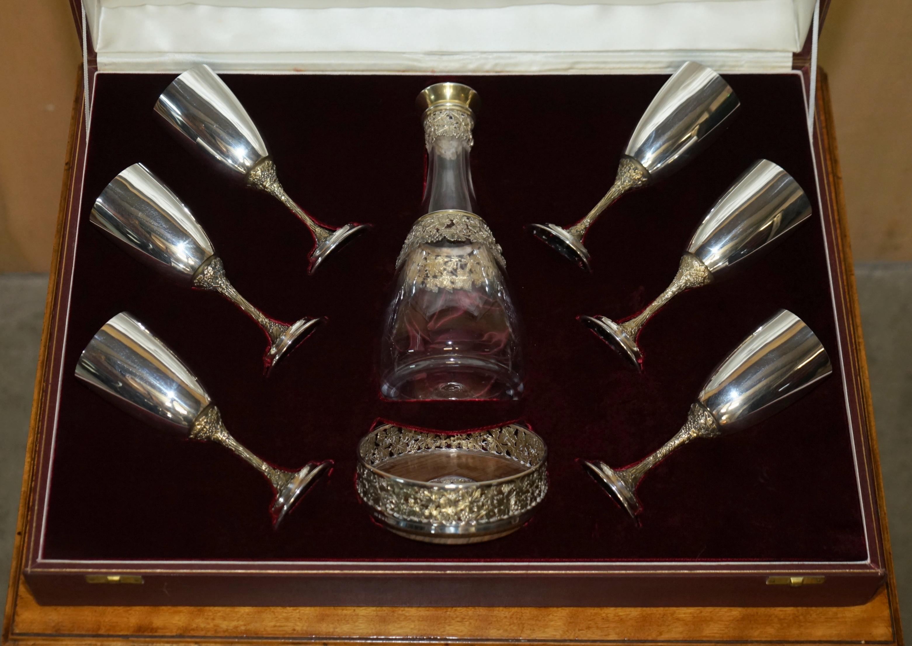 English Queen Elizabeth II Sterling Silver Asprey Drinks Decanter Bar & Goblets Suite For Sale
