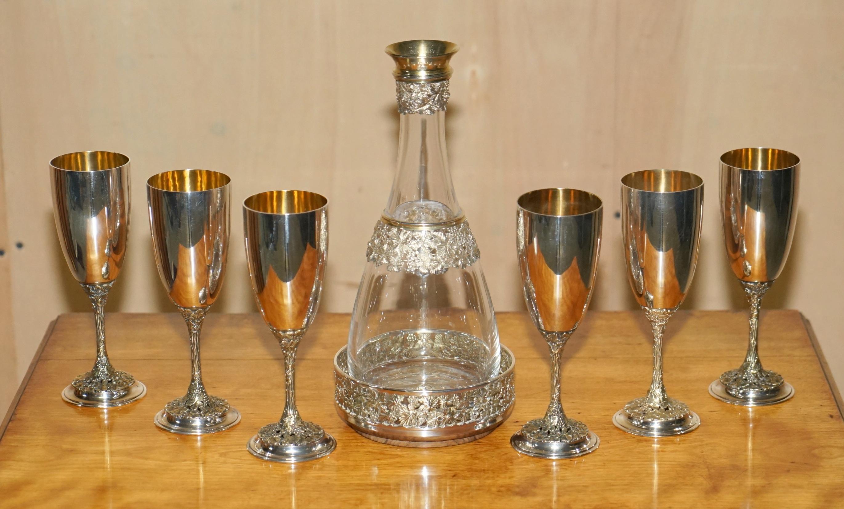 Late 20th Century Queen Elizabeth II Sterling Silver Asprey Drinks Decanter Bar & Goblets Suite For Sale