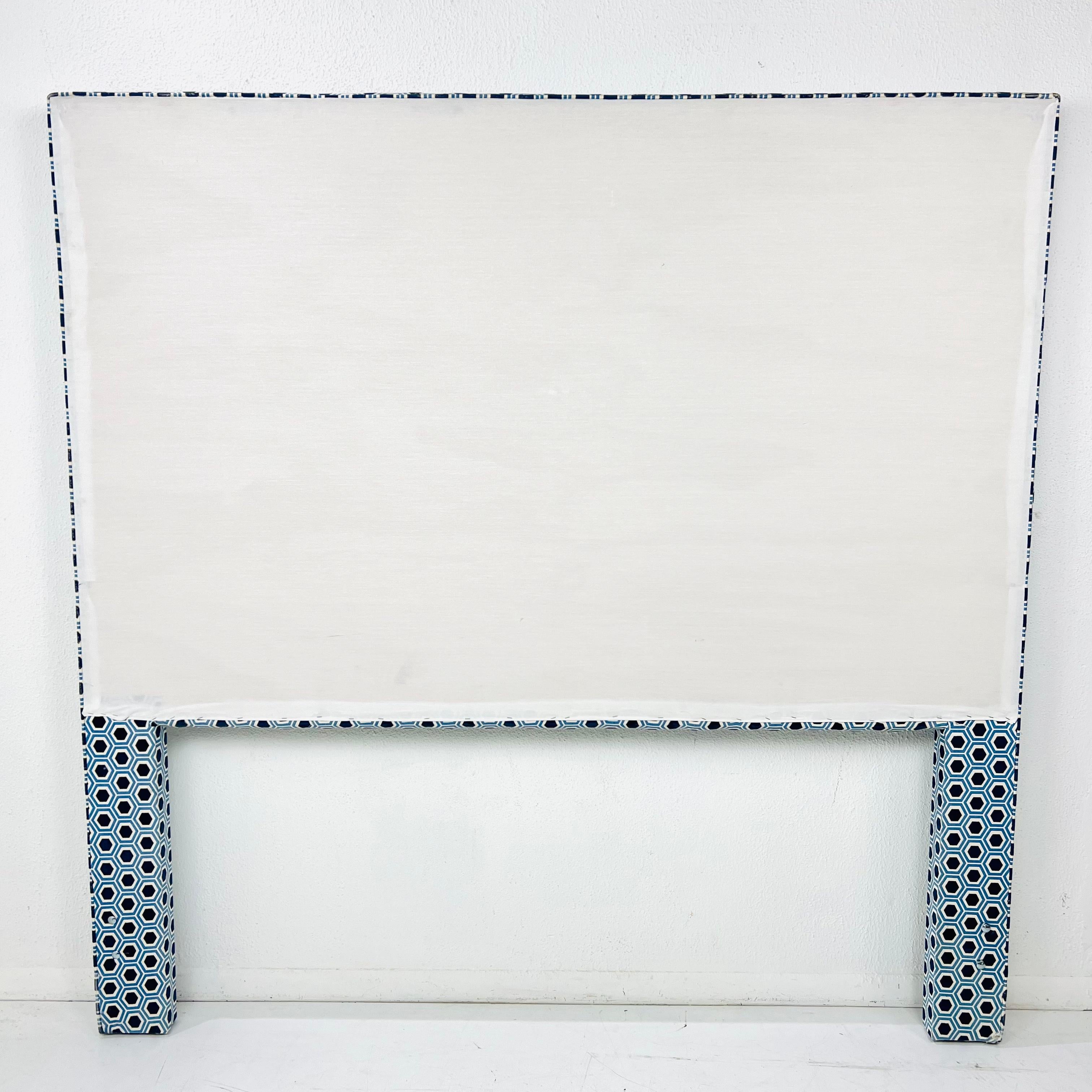 Queen Headboard Upholstered in Blue & White Designer Fabric For Sale 8