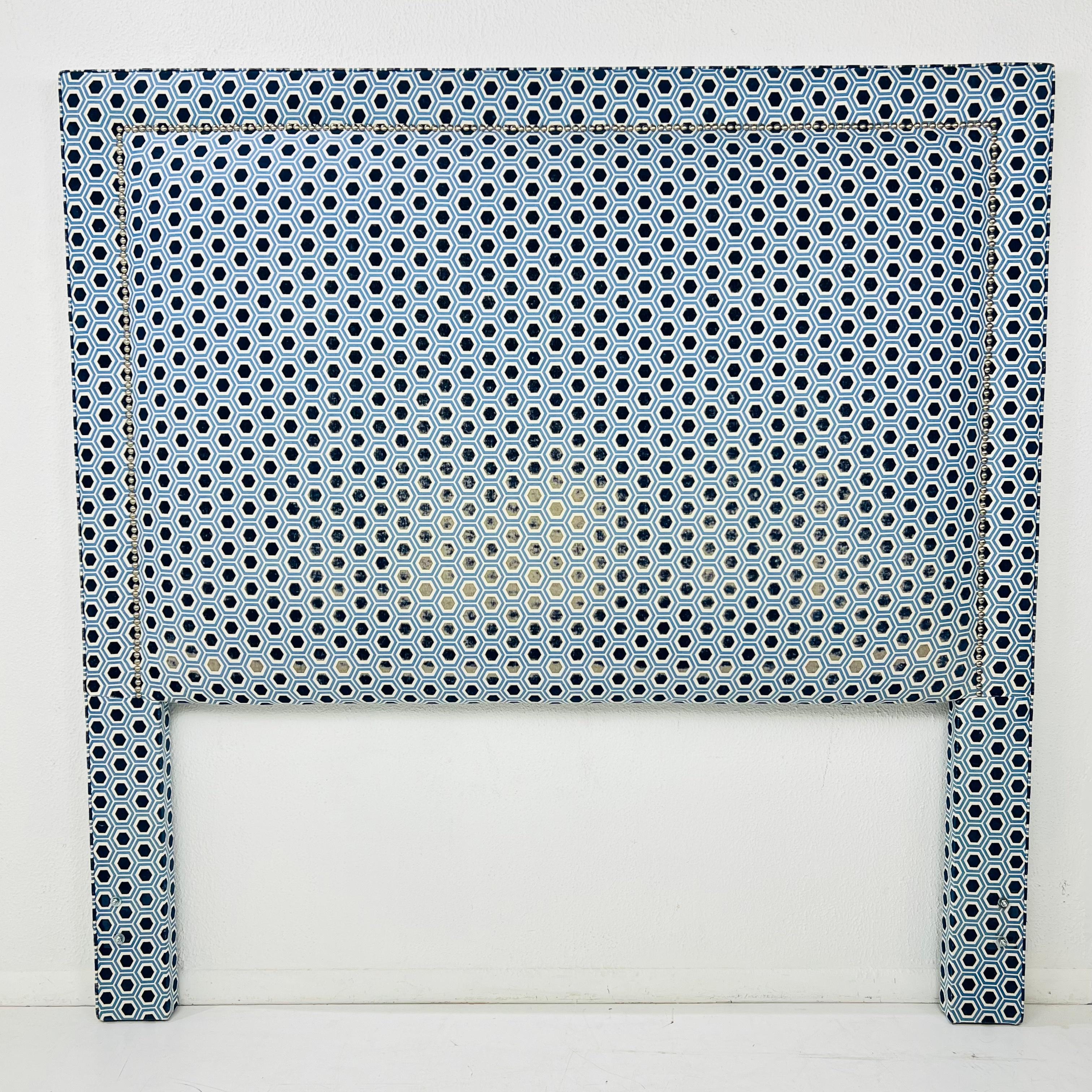 Other Queen Headboard Upholstered in Blue & White Designer Fabric For Sale