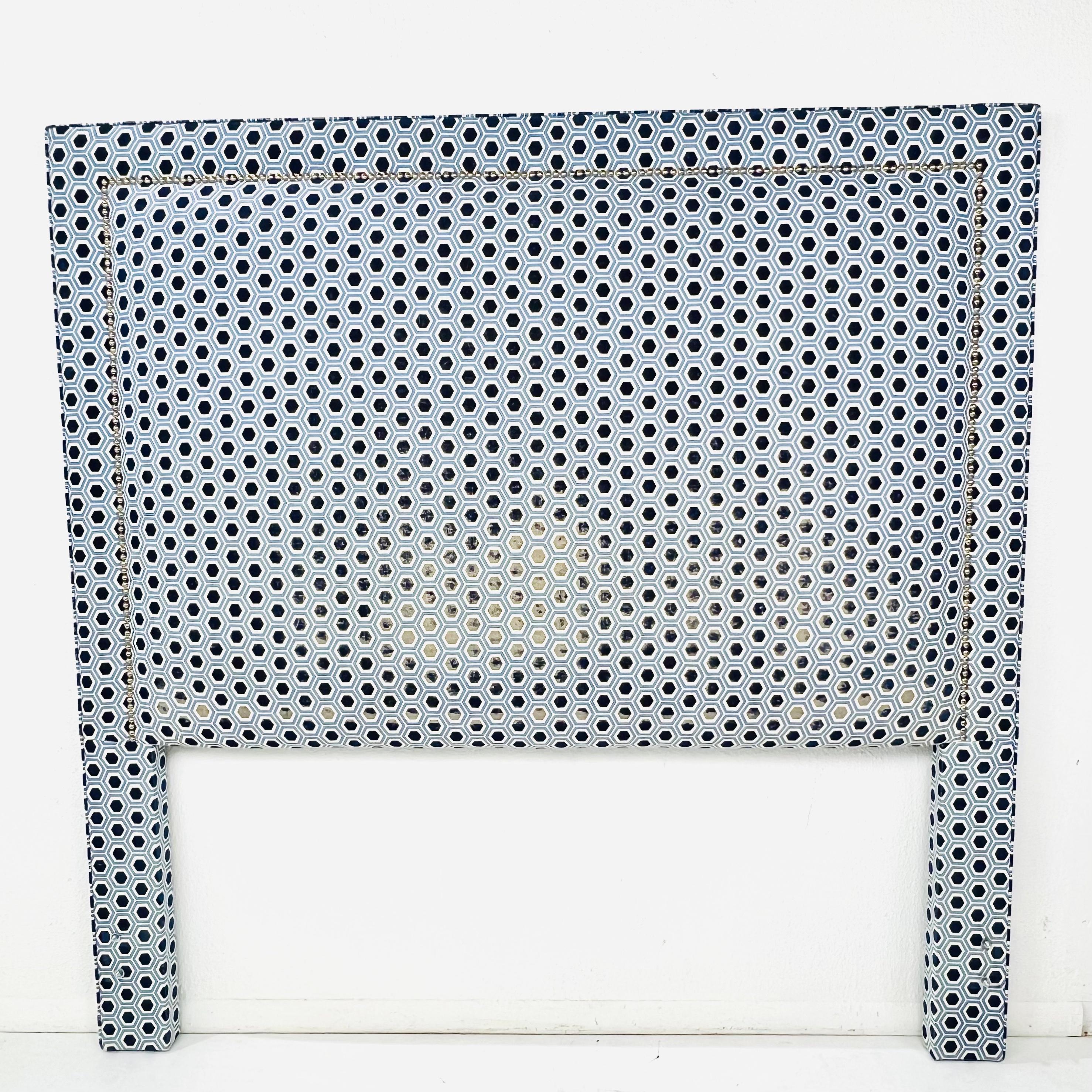 Contemporary Queen Headboard Upholstered in Blue & White Designer Fabric For Sale