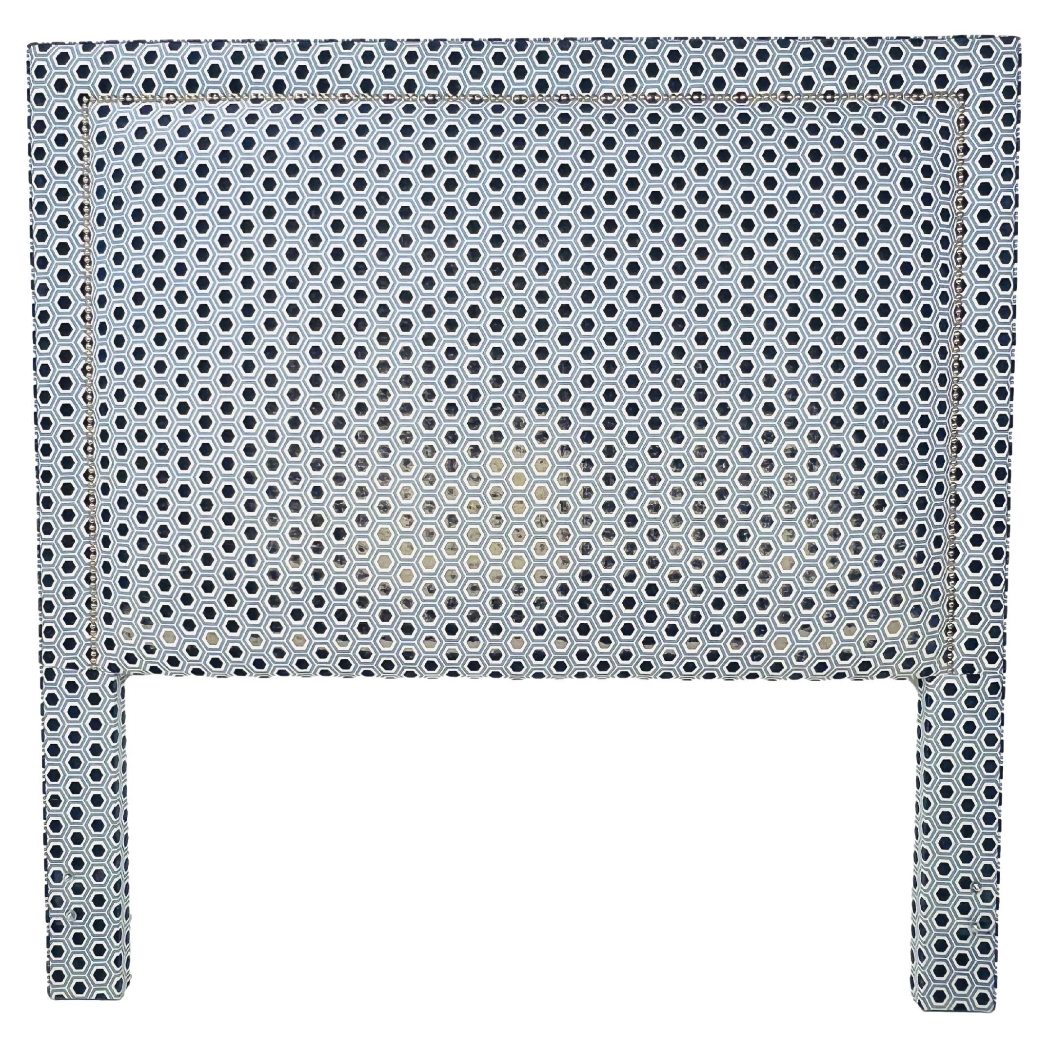 Queen Headboard Upholstered in Blue & White Designer Fabric For Sale